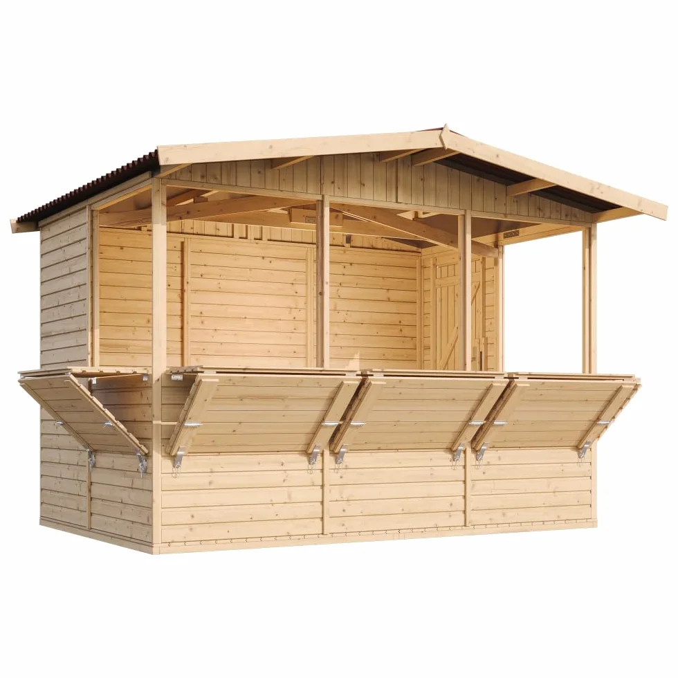 Capanno in Legno, Capanno Espositore in Legno, Chiosco da giardino per bar, CINQUE FINESTRE 336x263 cm/6 m2 Stand di vendita con bancone, Multifunzione cabina da giardino TIMBELA M150B