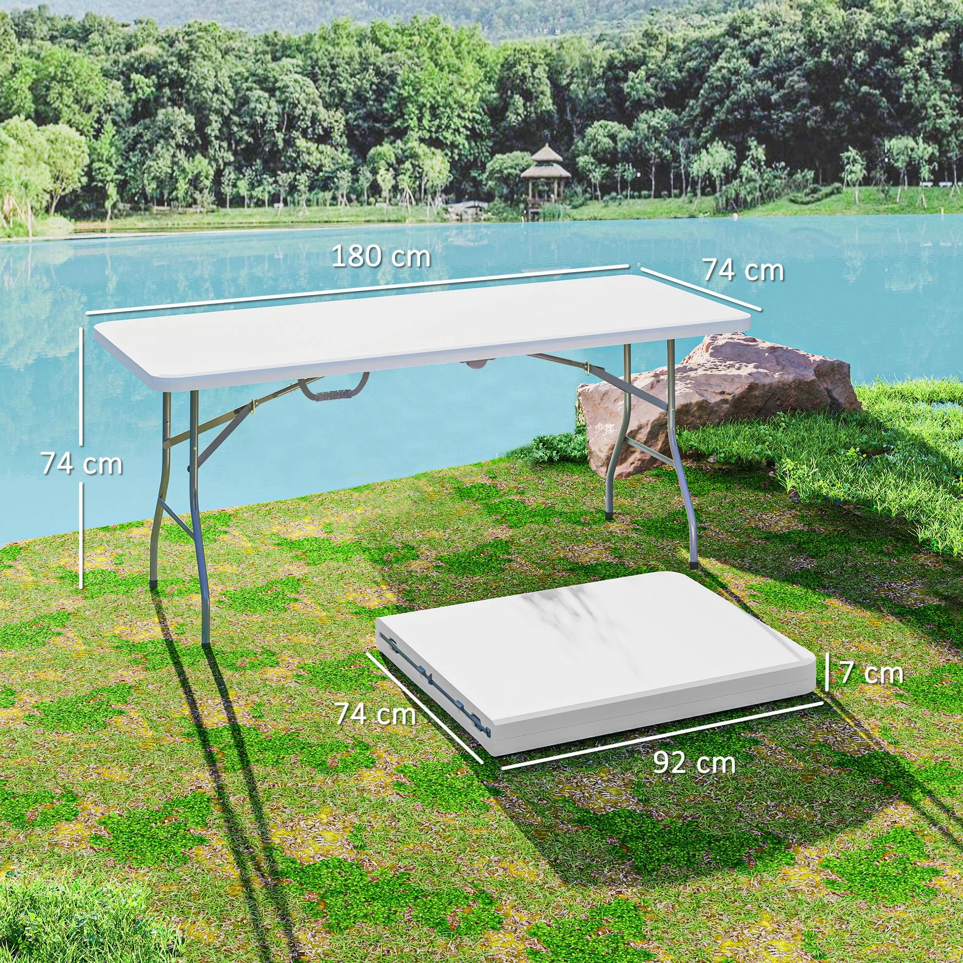 Outsunny Tavolo da Campeggio Pieghevole 180x74x74 cm Bianco, Tavolino da Esterno con Telaio in Metallo