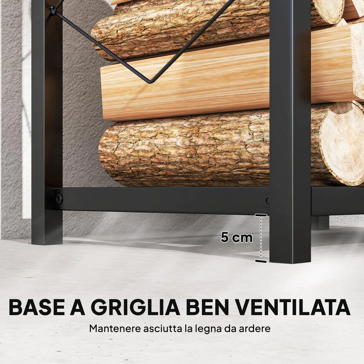 Outsunny Porta Legna in Metallo 2 Livelli 3 Ganci 100kg 41x30x81 cm Nero