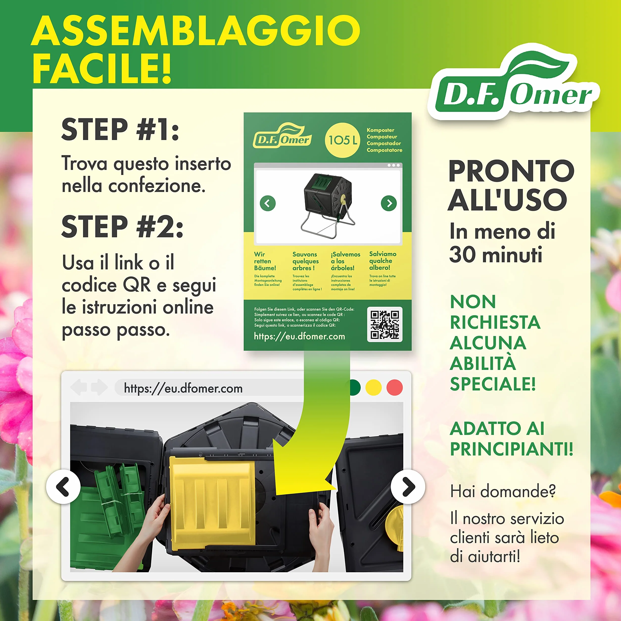 DF OMER, Contenitore Compostaggio Giardino a Camera Singola, Grande Volume, Design Compatto, Capacità 105 l, Compostiera Girevole Robusta per Tutte le Stagioni