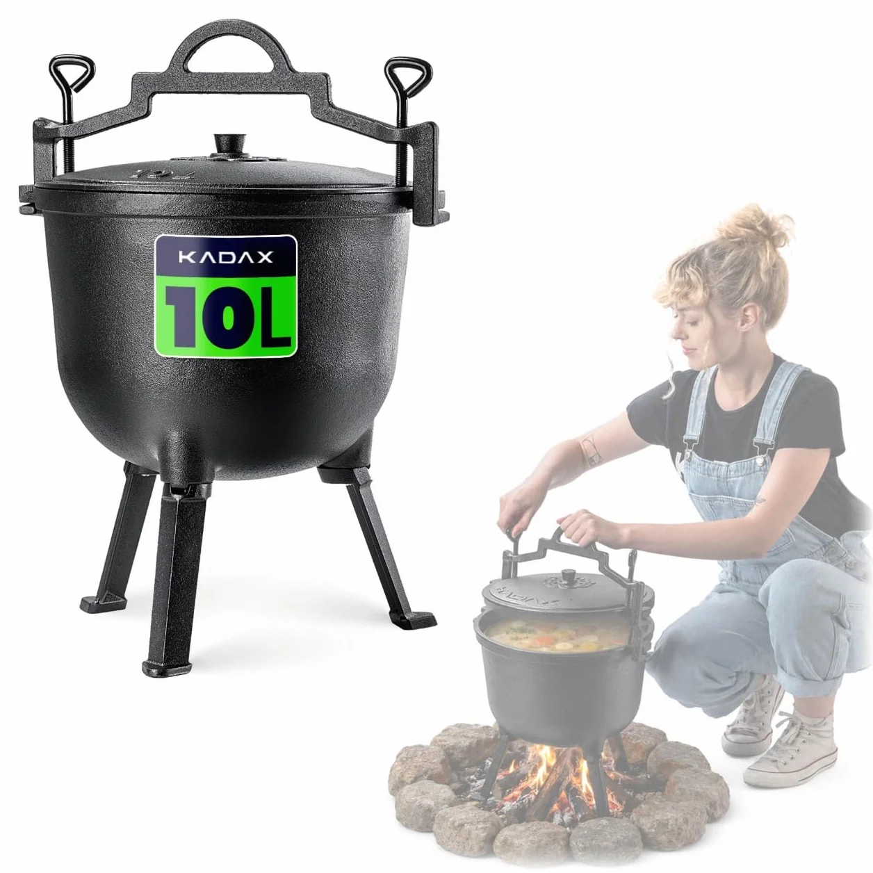 KADAX Jagdkessel 10L - Marmitta in Ghisa con Piedi | Pentola in Ghisa per Cucinare | Dutch Oven per Giardino, Focolare, Campeggio, Barbecue | Con Coperchio