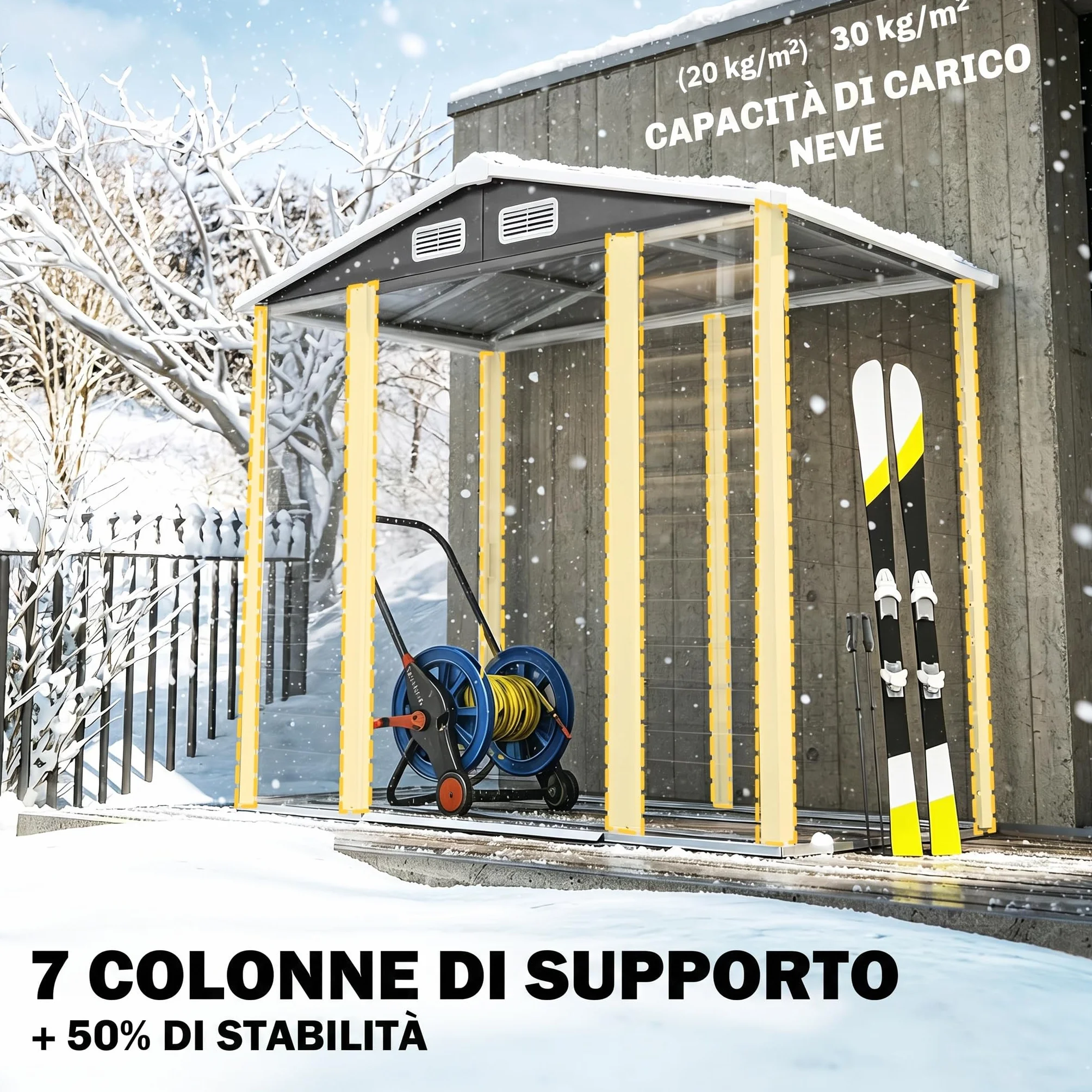 Outsunny Casetta da Giardino 2.36 m² Lamiera d'Acciaio 4 Prese d'Aria 2 Porte Scorrevoli Capanno Porta Attrezzi Tetto Inclinato 213x120x194 cm Grigio Scuro