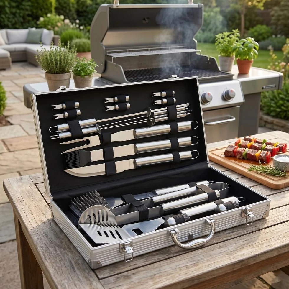 Mastercook - Kit Accessori Professionali In Acciaio Per Barbecue Con Valigetta, Set Accessori Bbq Con Pinze, Forconi, Spatola E Spazzole, Valigetta Attrezzi Barbecue