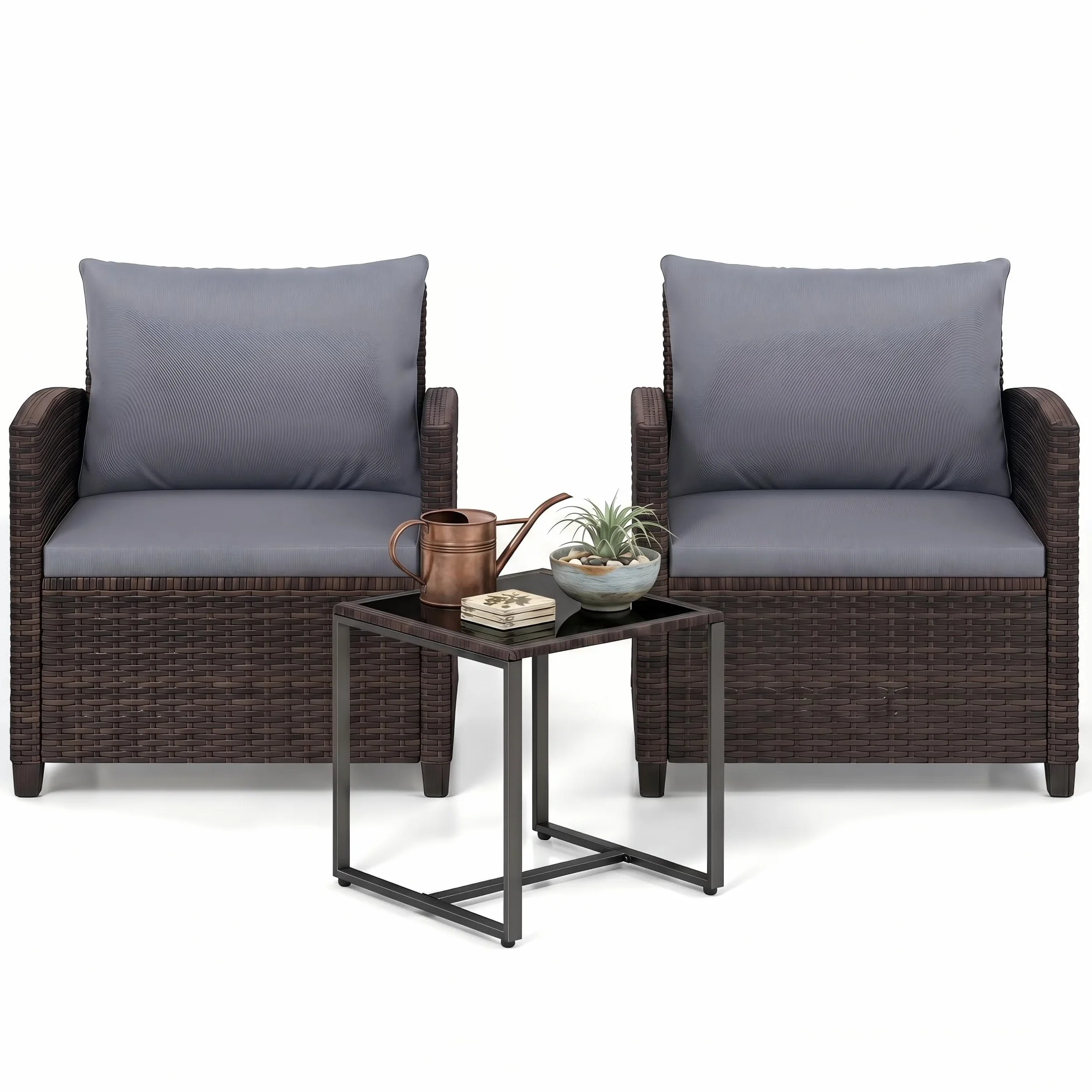 GIANTEX Set da Giardino 3 Pezzi, Salotto Esterno 2 Poltrone con Cuscini + Tavolino in Vetro, Marrone+Grigio