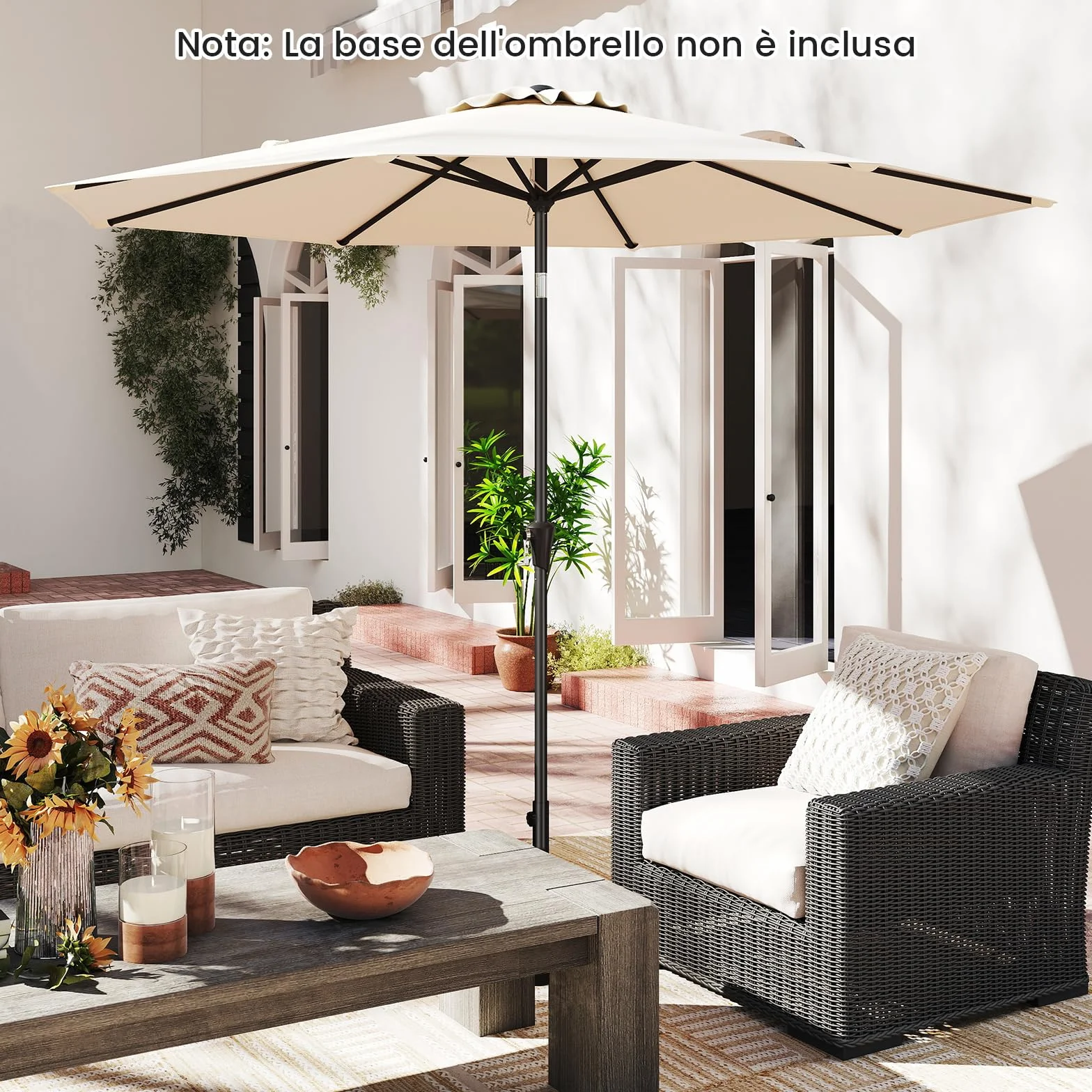 COSTWAY Ombrellone da Giardino 290 cm con Inclinazione Regolabile, 8 Stecche Manovella per Spiaggia Piscina Cortile Beige