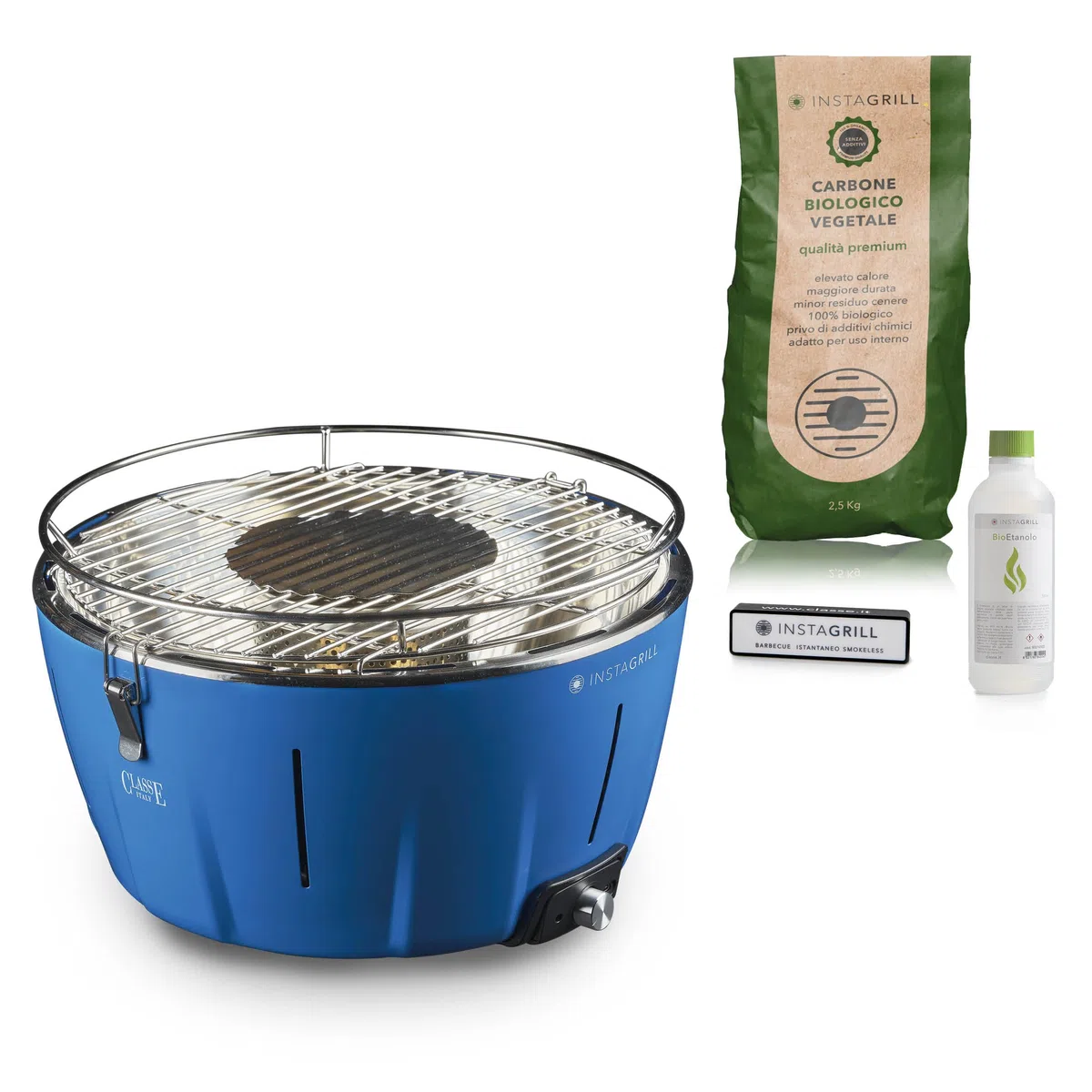 InstaGrill Barbecue a Carbonella senza fumo da Tavolo Portatile con Batteria Ricaricabile e Carbone PAK Blu Oceano