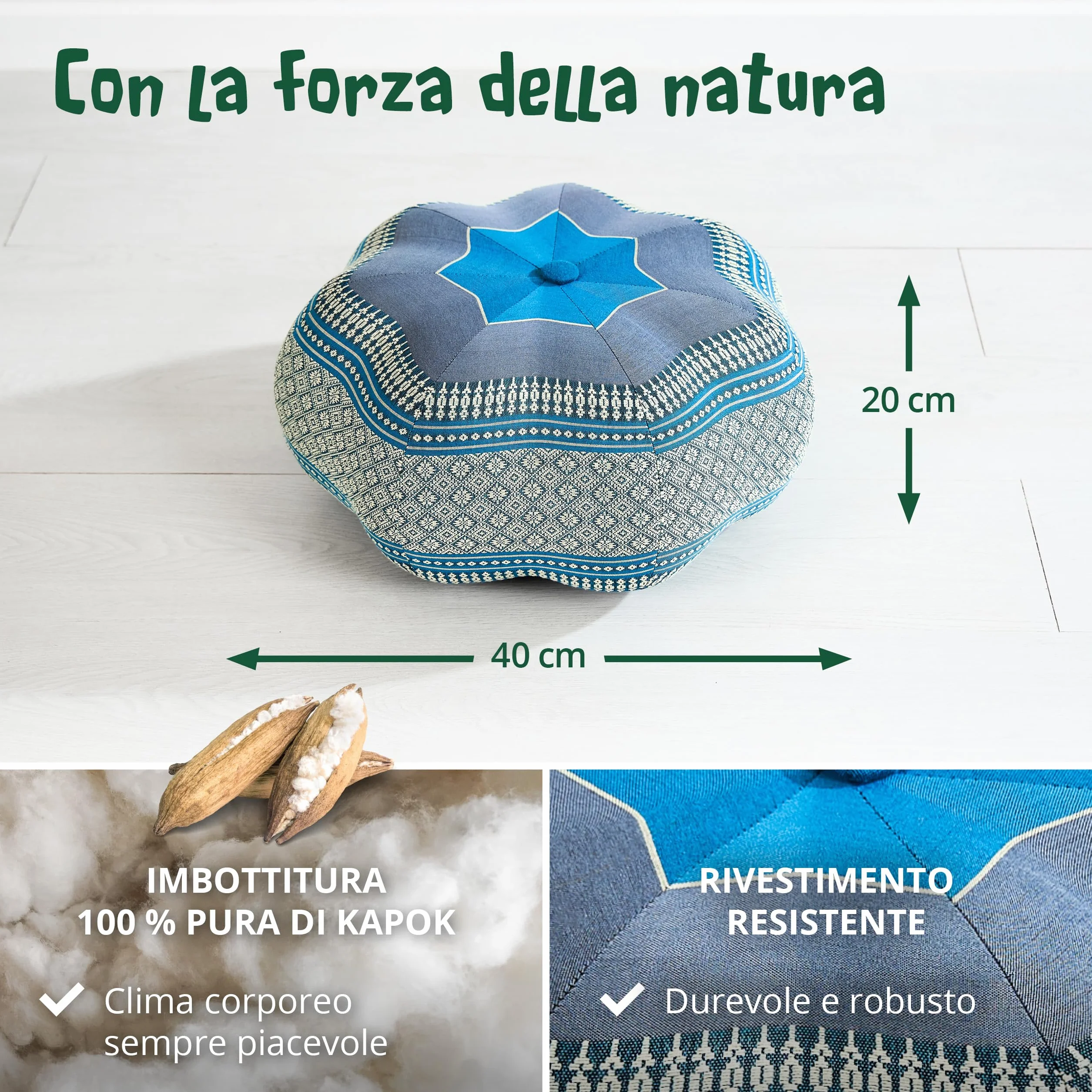 livasia cuscino da meditazione a stella grande - Ø 40x20cm - cuscino per yoga kapok, pouf, cuscino per pavimento zen, cuscino zafu giardino balcone, cuscino per sedersi fatto a mano (Azzurro)
