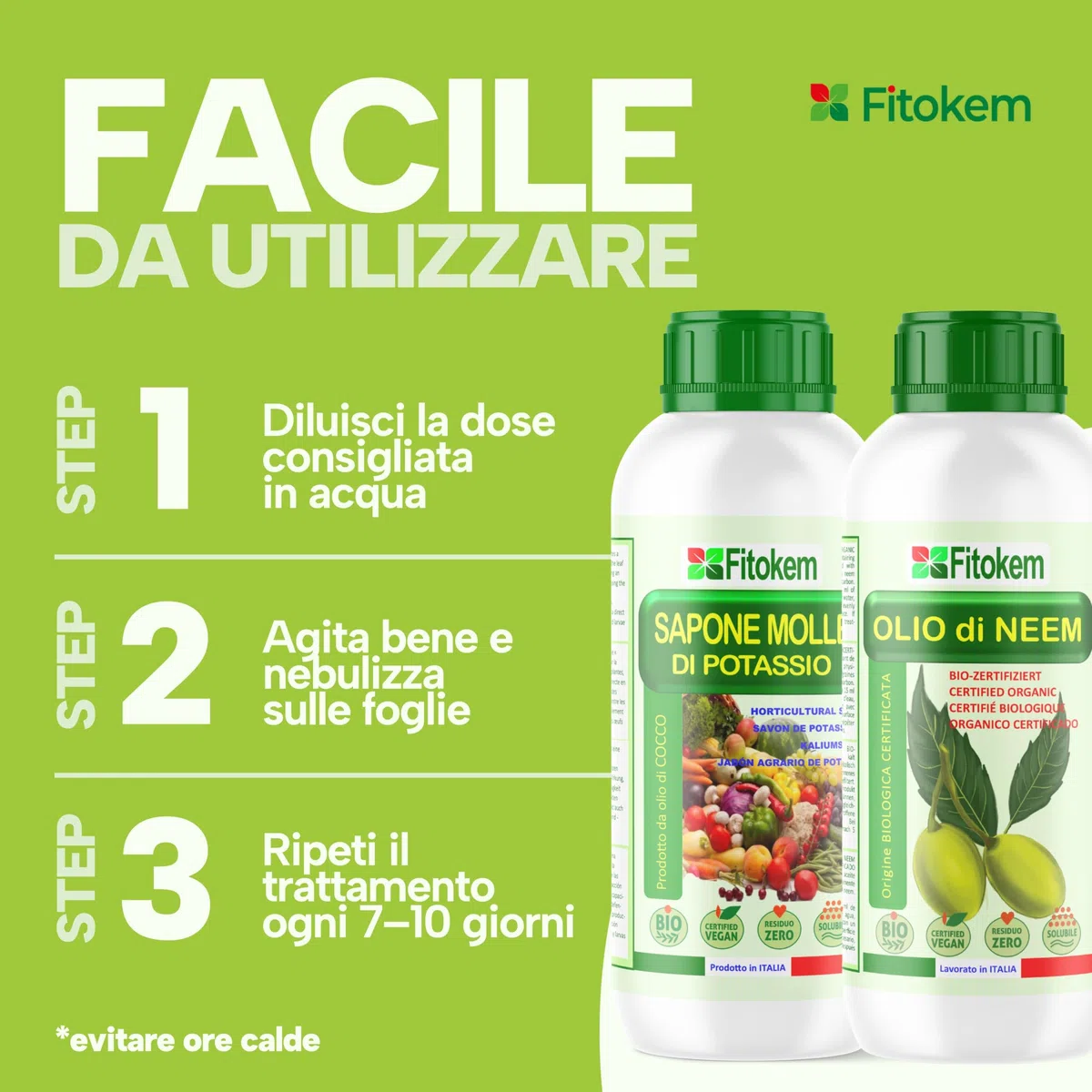 Fitokem Sapone Molle di Potassio 1lt e Olio di Neem 1lt Kit Protezione Piante Corroborante Naturale per Orto e Giardino contro Afidi e Cocciniglia Residuo Zero Made in Italy
