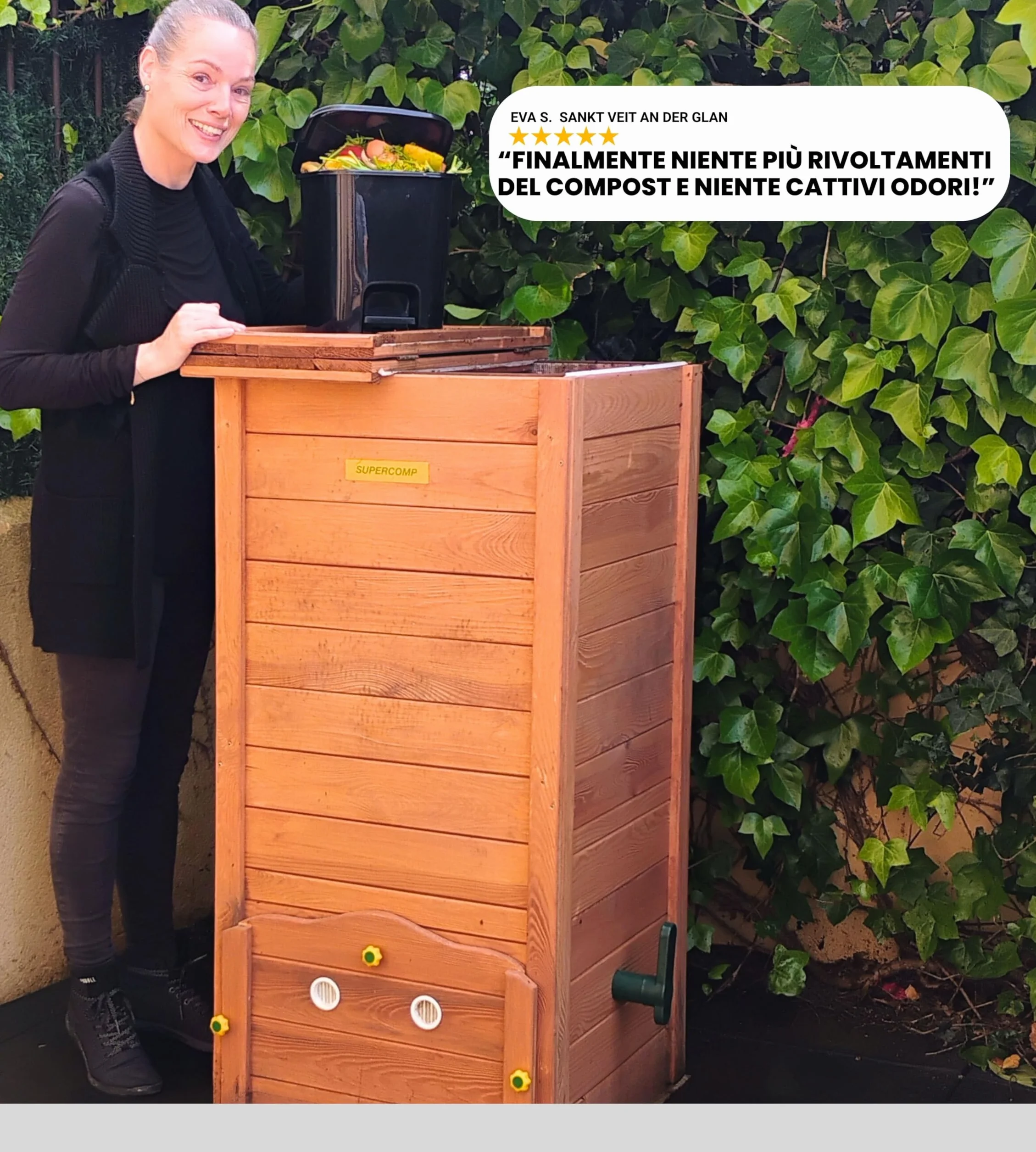 Compostiera da Giardino in Legno con Coperchio, Compostaggio facile senza Cattivi Odori e senza Rivoltamento Compost, con Sistema Anti Insetti e Dispositivo d’Aerazione, con Piano, da 340lt