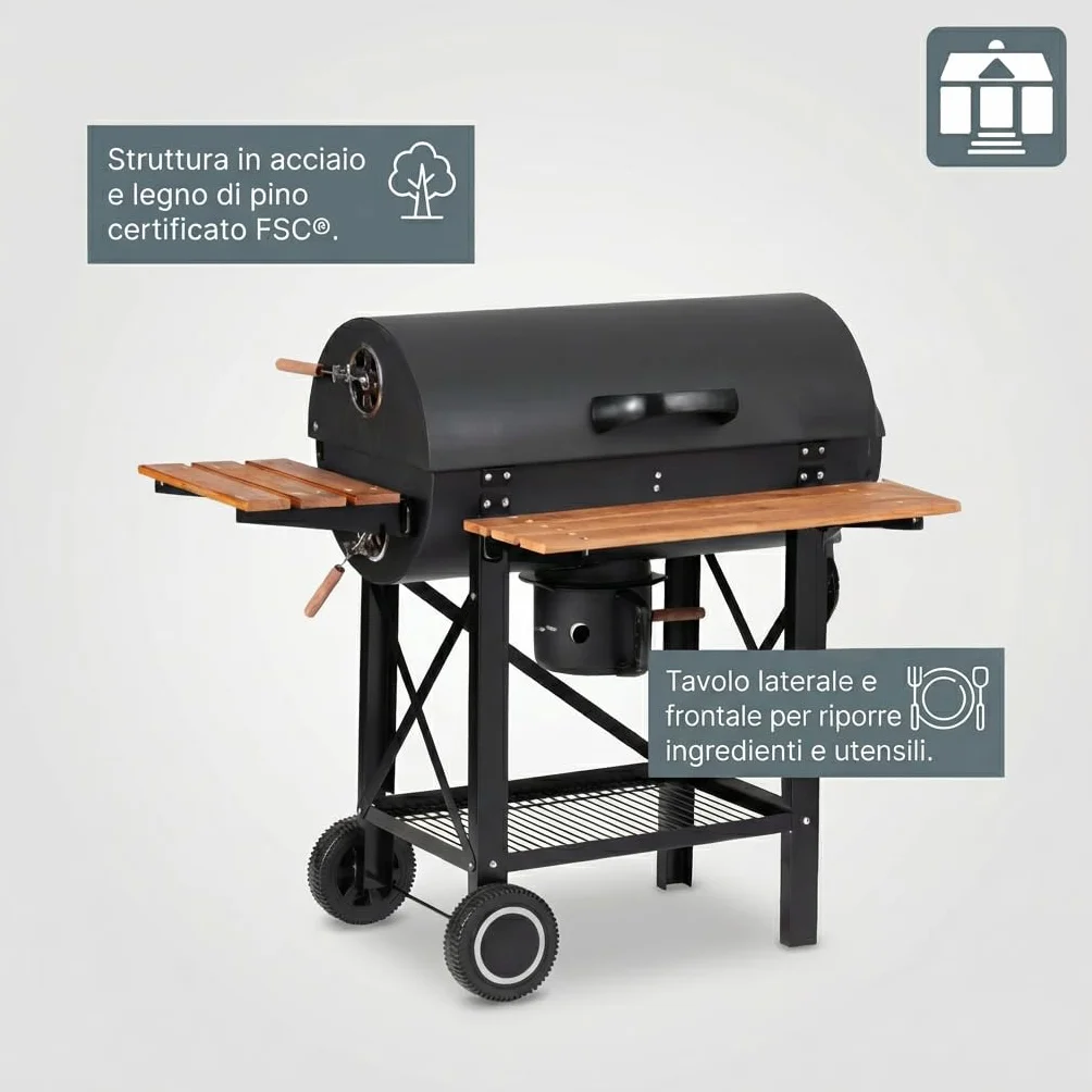 Tarrington House Barbecue a Carbone Louisiana, Acciaio/Legno, Raccoglicenere, Sistema di Ventilazione, Tavolini Laterali, Nero