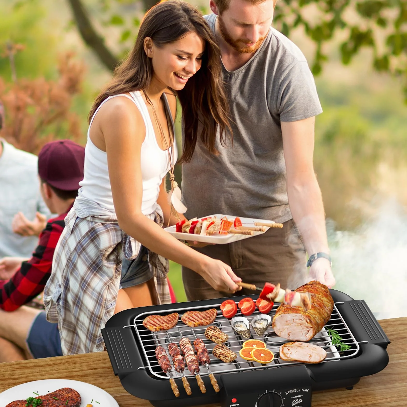 Barbecue elettrico 2000 W antiaderente senza fumo per interni esterni griglia portatile rimovibile doppio tubo nero