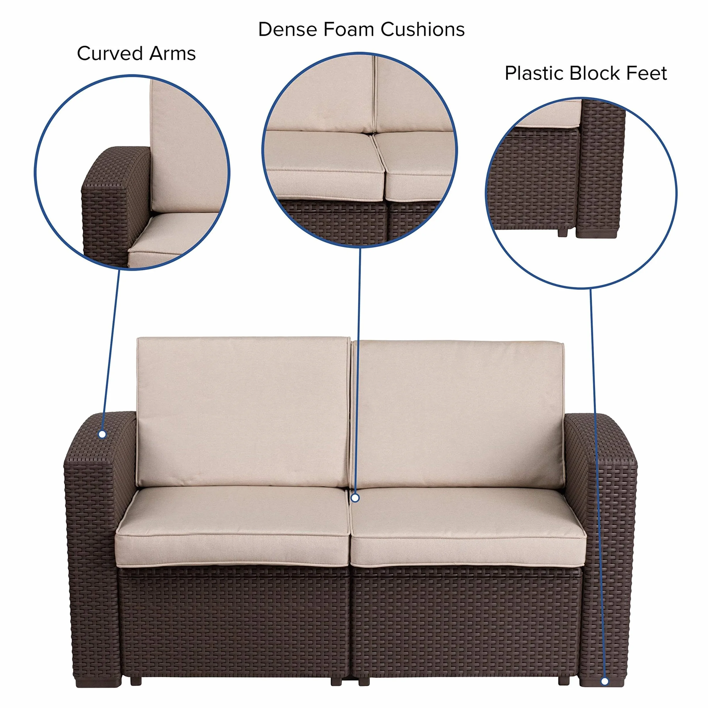 Flash Furniture Divanetto Seneca in finta rattan marrone cioccolato con cuscini beige resistenti a tutte le condizioni atmosferiche