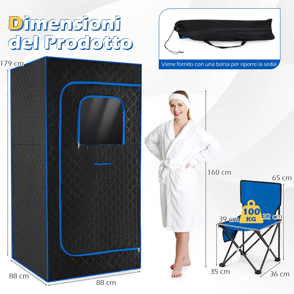 COSTWAY Cabina Sauna a Vapore 3L 1200W Riscaldamento Rapido 15 Livelli Temperatura Timer 99 Minuti Sedia Pieghevole Tappetino Blu