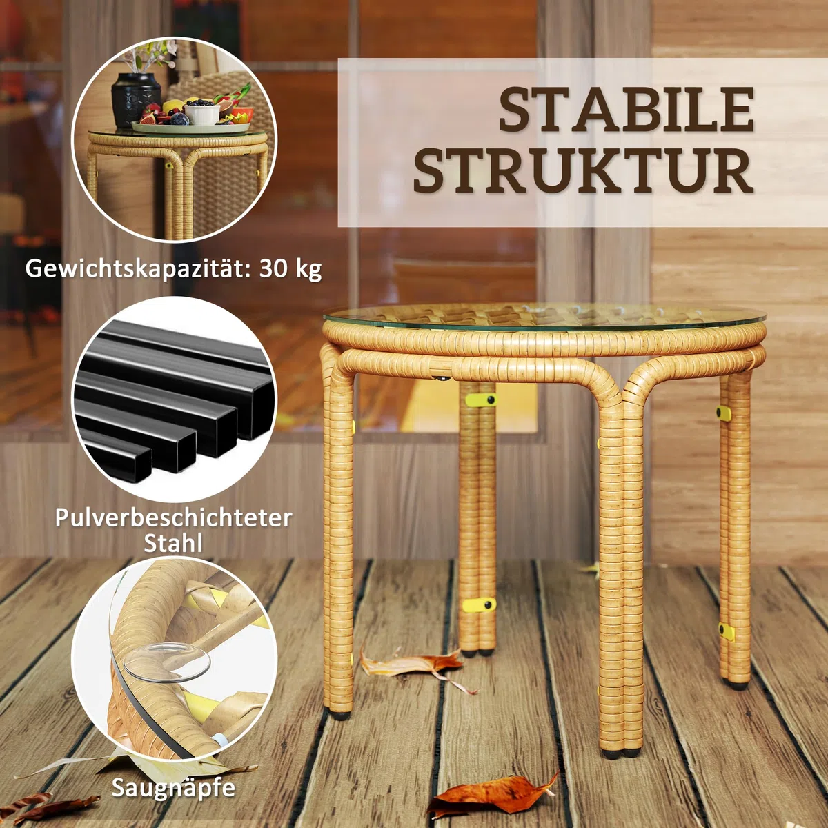 Outsunny Tavolino da Giardino in Rattan e Vetro, Tavolo da Caffè Rotondo Ø50x44 cm, Giallo