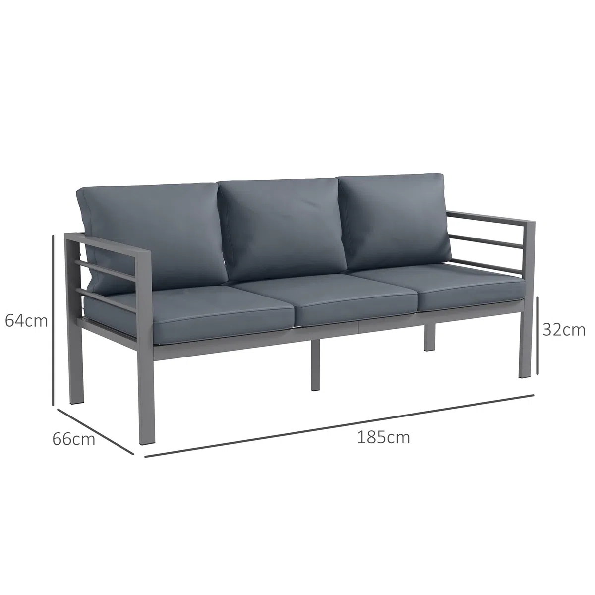 Outsunny Divano da Giardino 3 Posti in Alluminio con Cuscini per Seduta e Schienale, Divano Moderno, 185x66x64 cm, Grigio