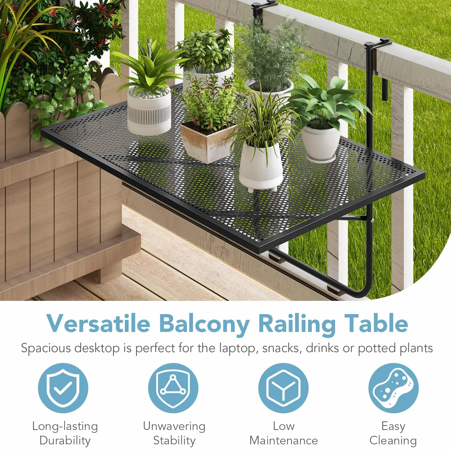 GIANTEX Tavolo da Balcone Appeso, Tavolo Pieghevole per Ringhiere fino a 6 cm di Spessore, Tavolino Salvaspazio per Ringhiere Esterne con Telaio in Metallo per Patio, Portico, Terrazza, Nero