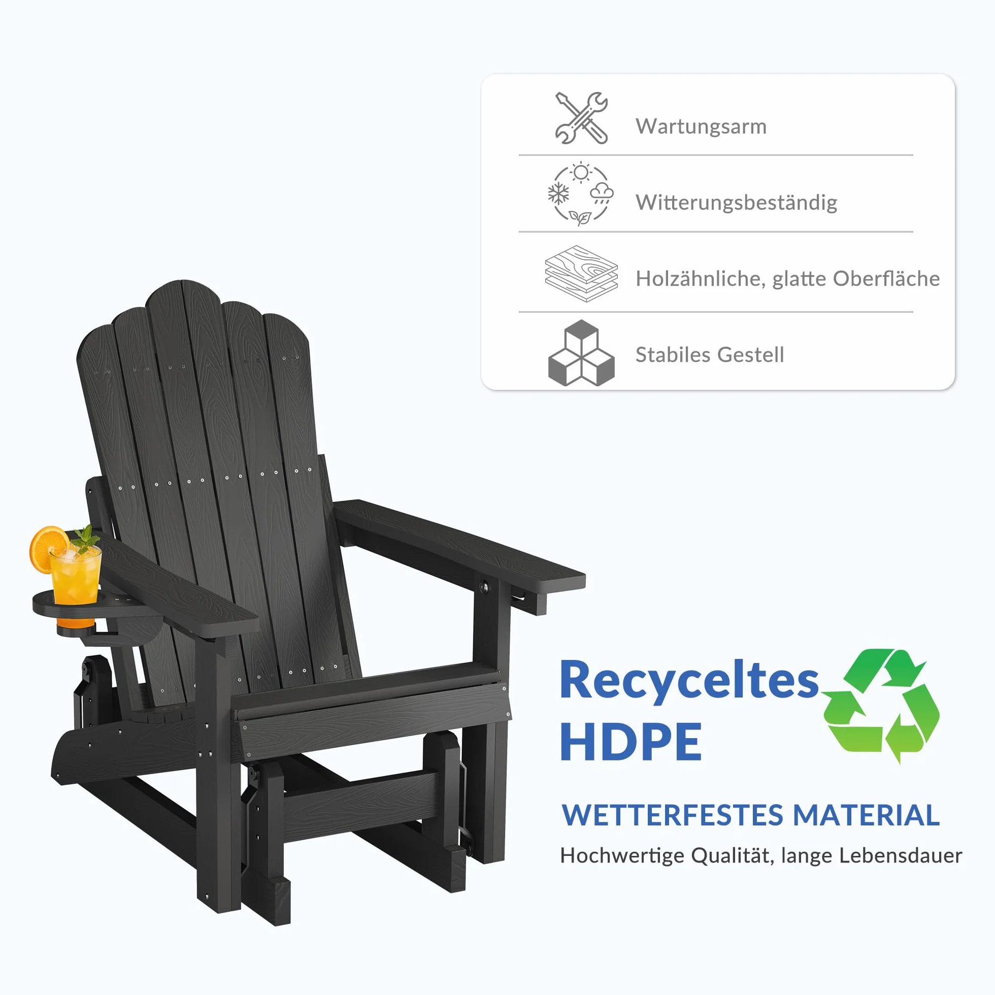 Sedia a dondolo Adirondack con schienale regolabile,sedia a dondolo per patio in simil-legno resistente alle intemperie con portabicchieri, meccanismo di oscillazione fluido,capacità di peso 200 kg