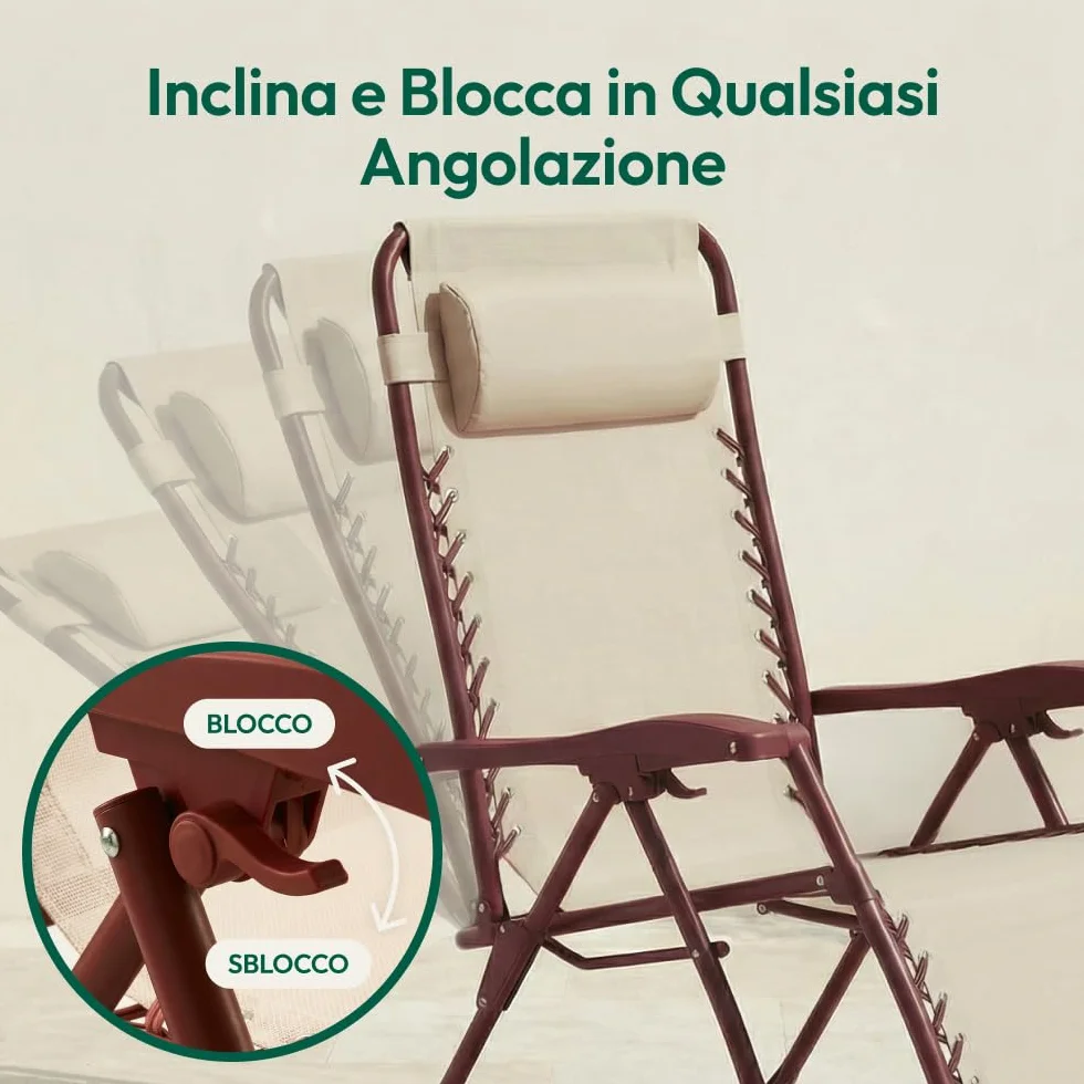 CASABEL Poltrona Relax Gravità Zero Pieghevole con Cuscino, 2 Poltrone Reclinabili Regolabili per Giardino, Balcone o Campeggio con Struttura Acciaio e Tessuto Textilene resistente, Terracotta
