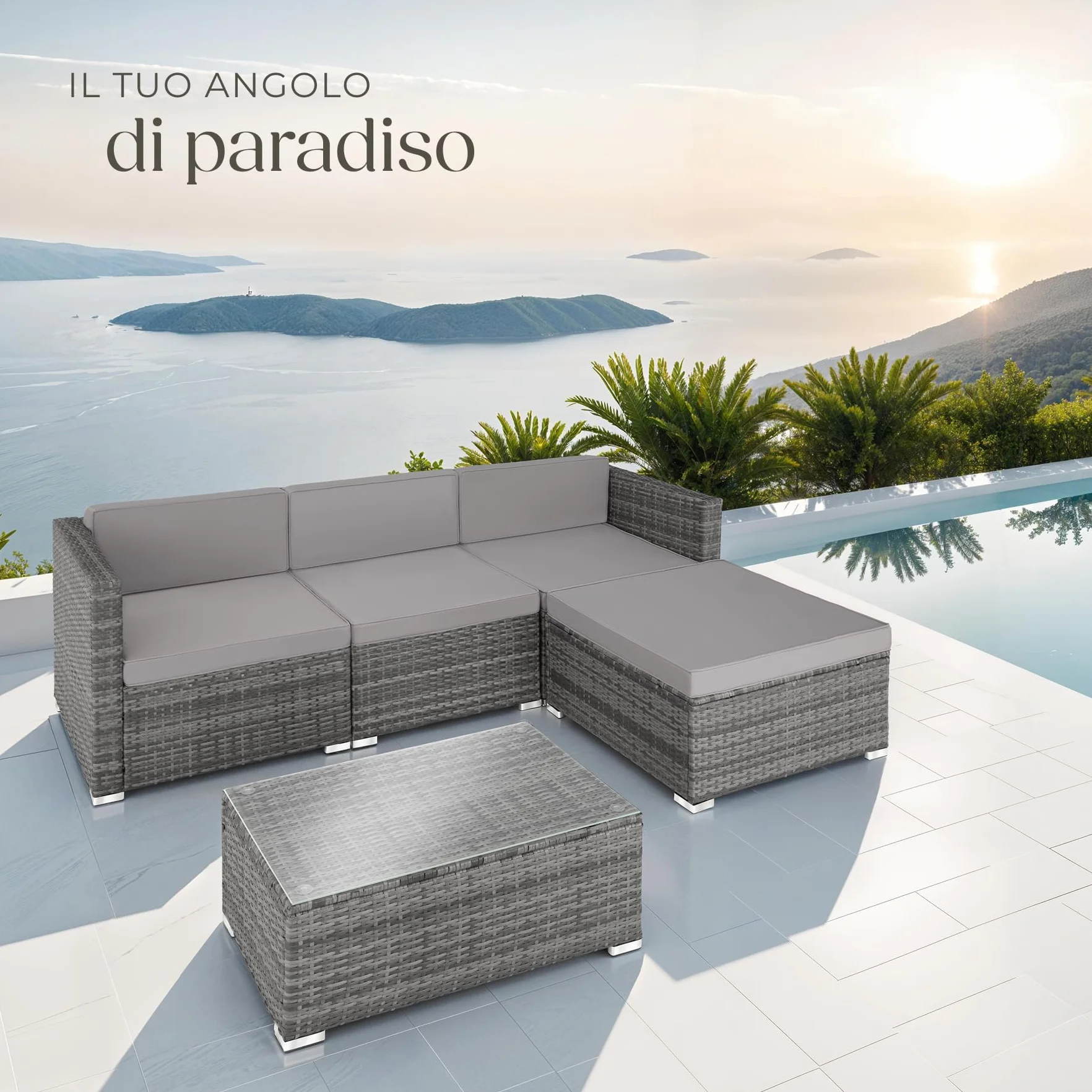 Tectake Salottino in Rattan Firenze Set Giardino 3 Poltrone 1 Pouf Tavolo Cuscini 8cm Grigio