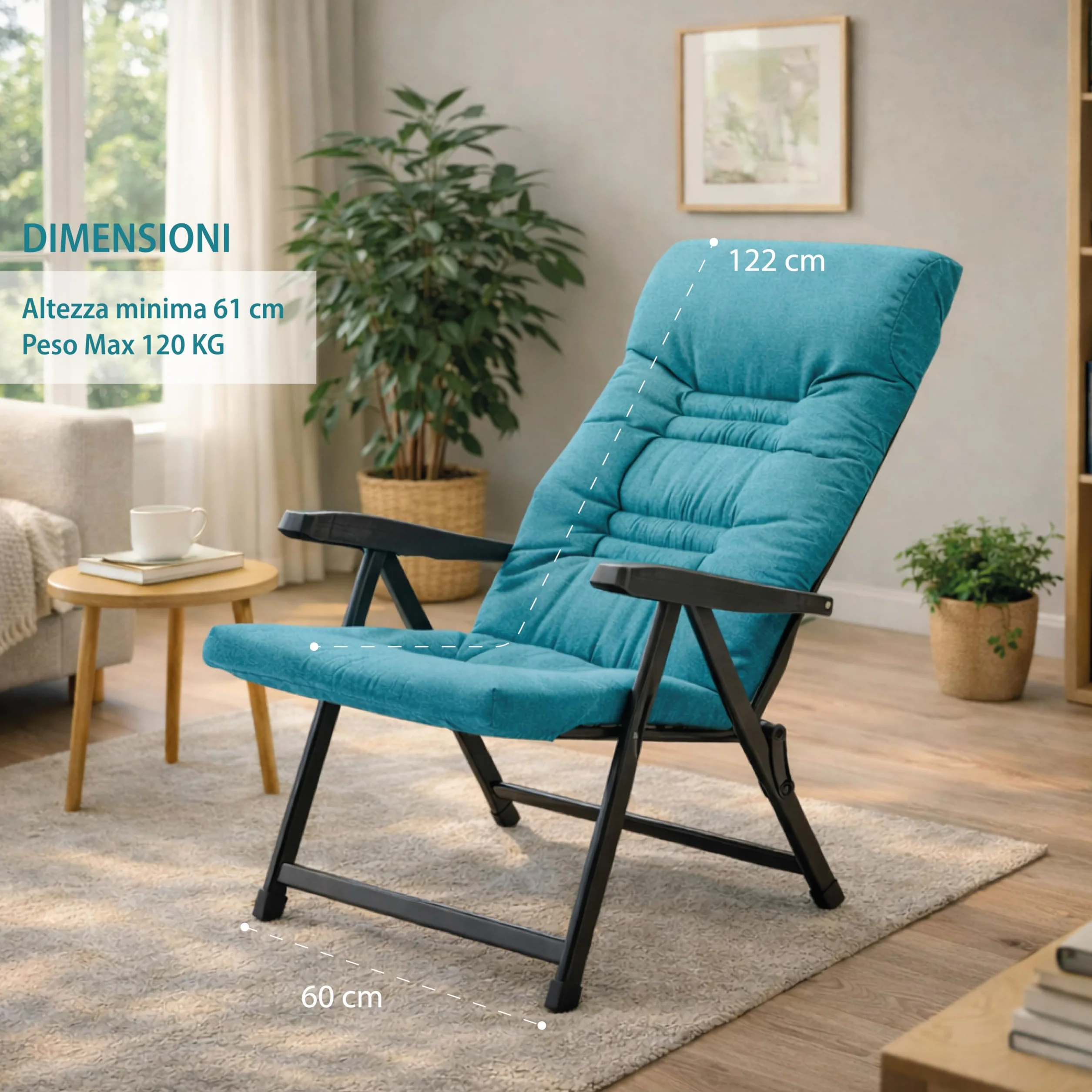 MA MAISON Sedia Reclinabile Imbottita 122X60X61 cm - 5 Posizioni, Braccioli Ergonomici, Struttura in Acciaio, per Interno, Esterno, Regolabile, Richiudibile, in Tessuto - Made in Italy PETROLIO