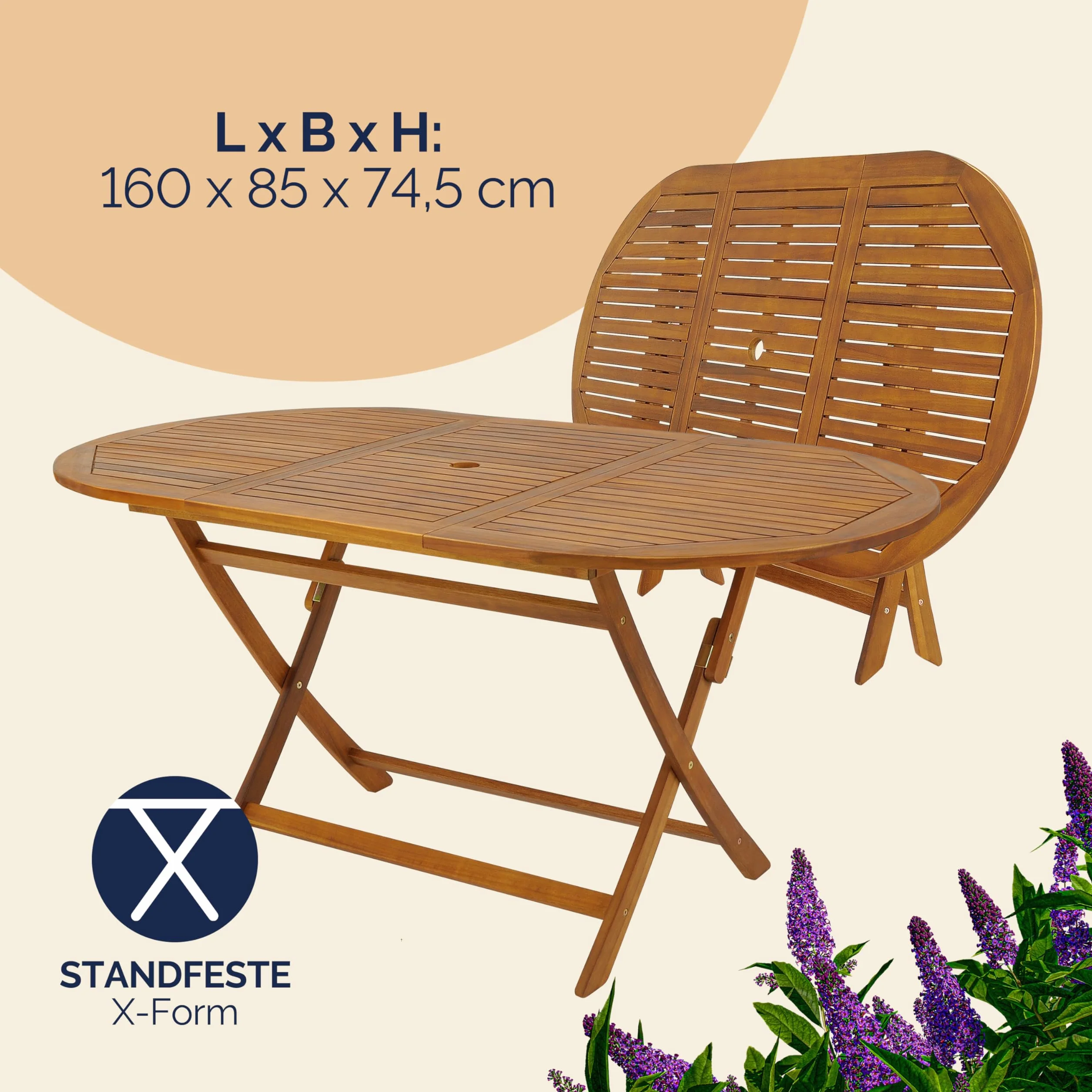 Casaria Set 1 Tavolo 6 Sedie da Giardino 160x85 cm Legno di Acacia Pieghevole Salvaspazio con Foro Ombrellone 7 Pezzi