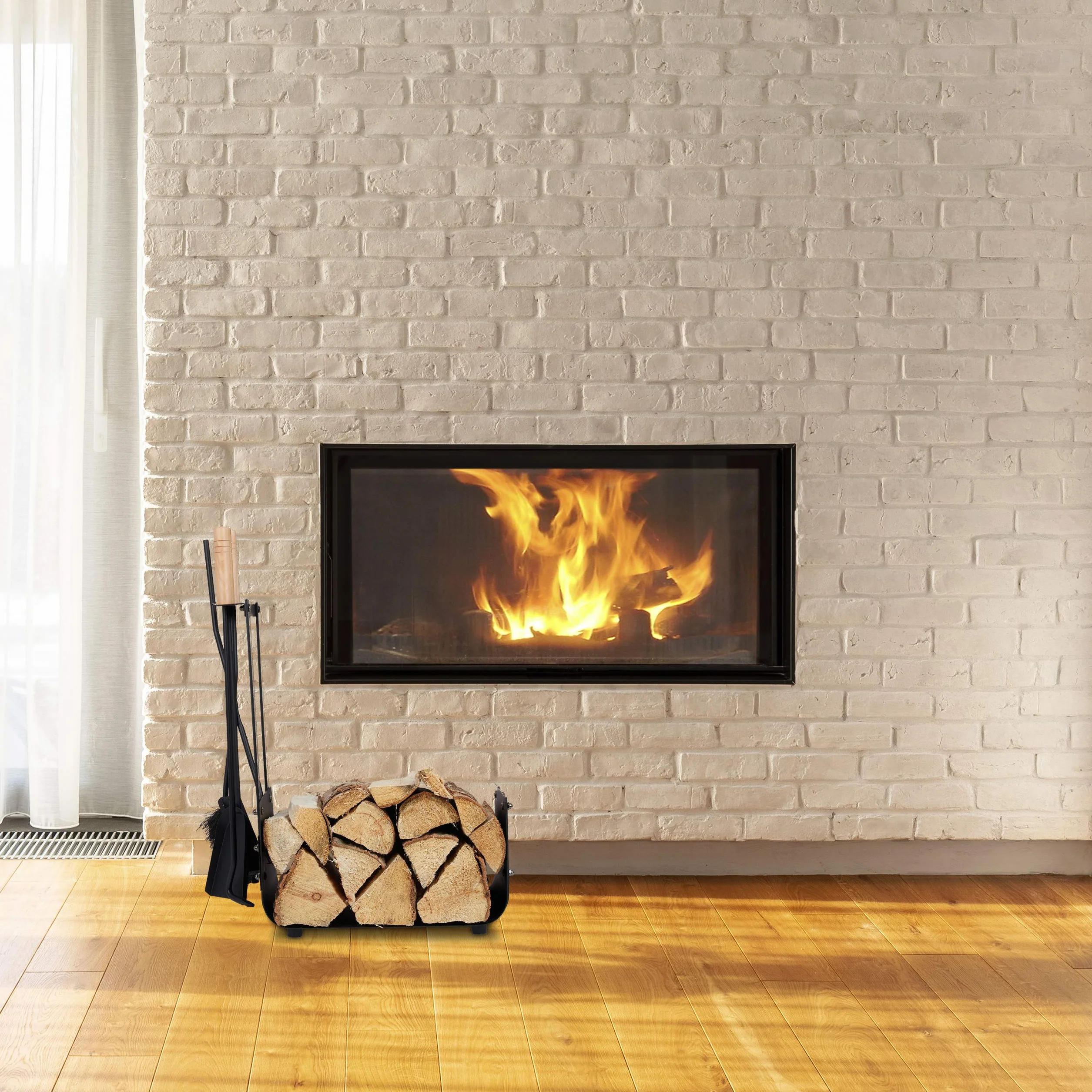 Relaxdays Porta Legna da Interno con 4 Accessori, Attizzatoio, Paletta, Spazzola & Pinza, Nero