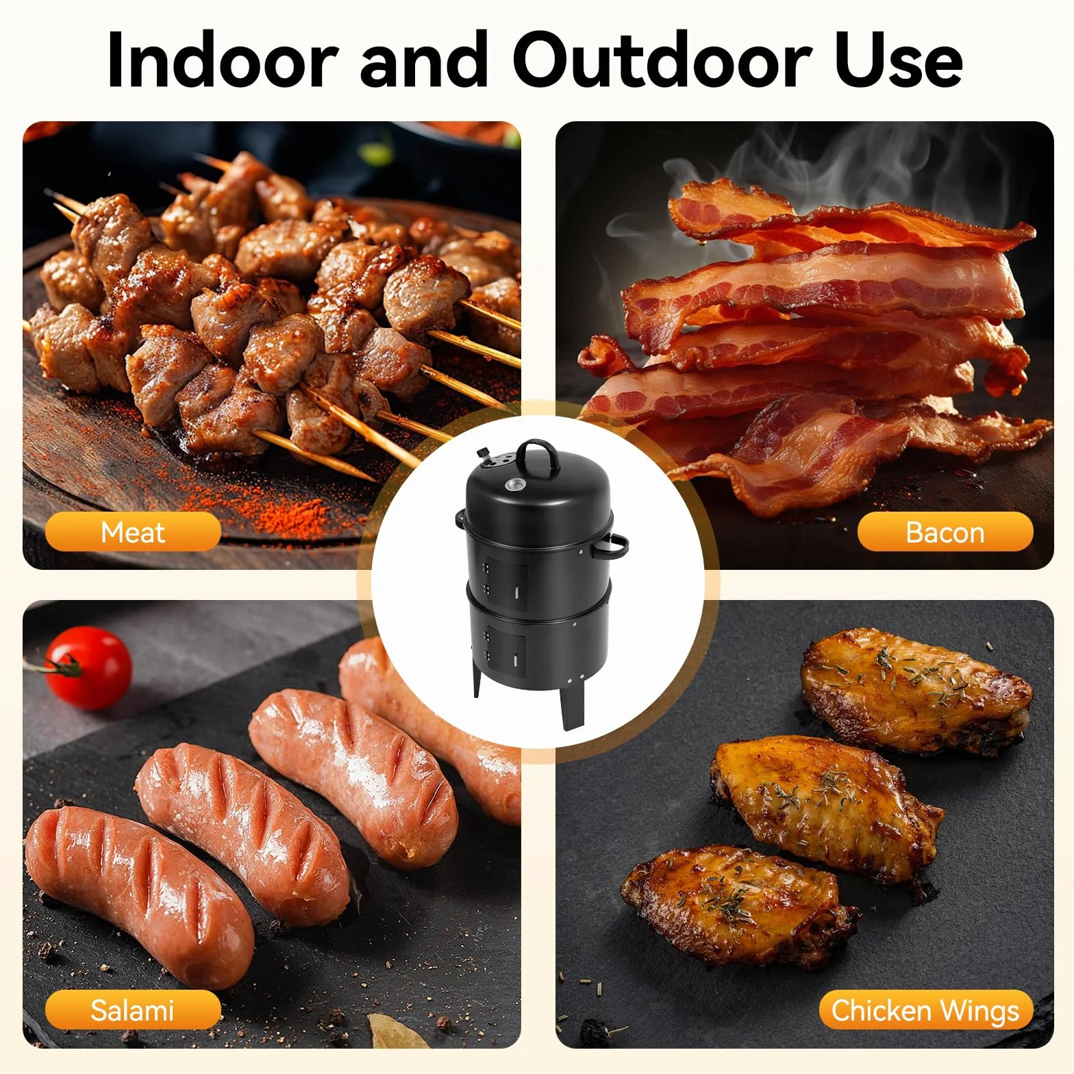 Affumicatore 3 in 1 84 cm Barbecue a Carbone di Legna con Termometro