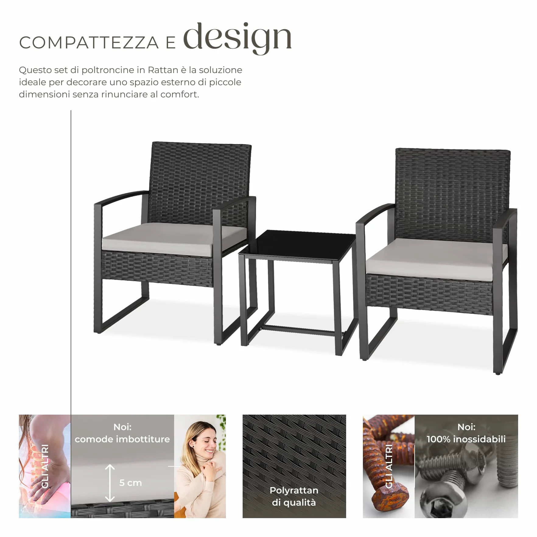 Tectake Salottino da Esterno Rattan Granada Set Giardino Tavolino Salotto Vetro Imbottiture Regolabile UV