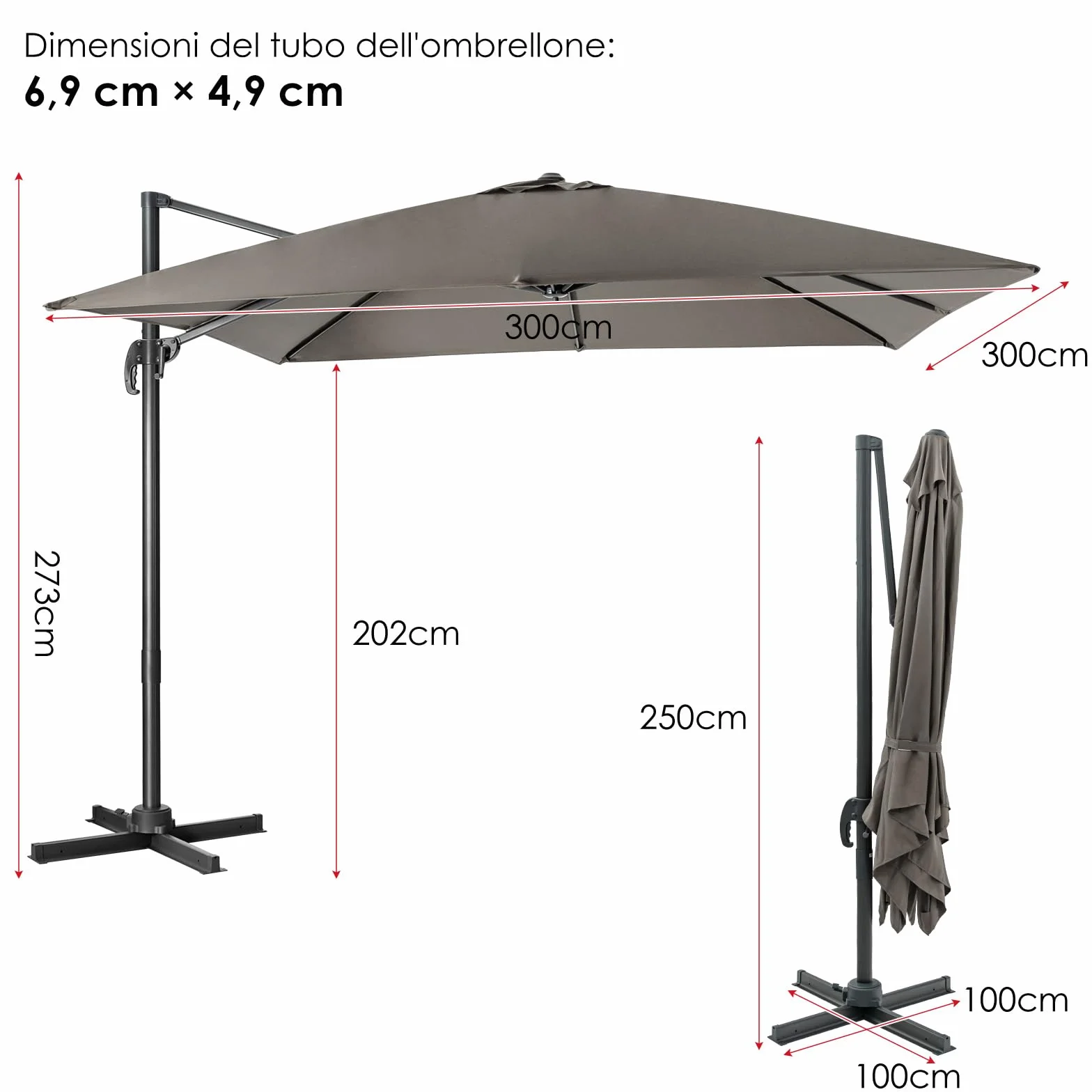 COSTWAY Ombrellone da Giardino 300x300cm 3 Inclinazioni Rotazione 360° Manovella 8 Stecche Base Incrociata Grigio