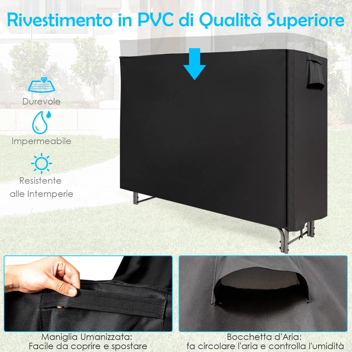 COSTWAY Porta Legna da Esterno 153 cm, Portalegna con Copertura in PVC Impermeabile e Struttura in Ferro, Nero