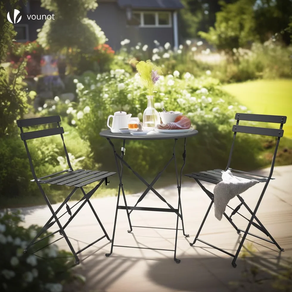 VOUNOT® Set da Giardino Pieghevole da 3 Pezzi, Tavolo Bistrot con 2 Sedie, Acciaio, Grigio