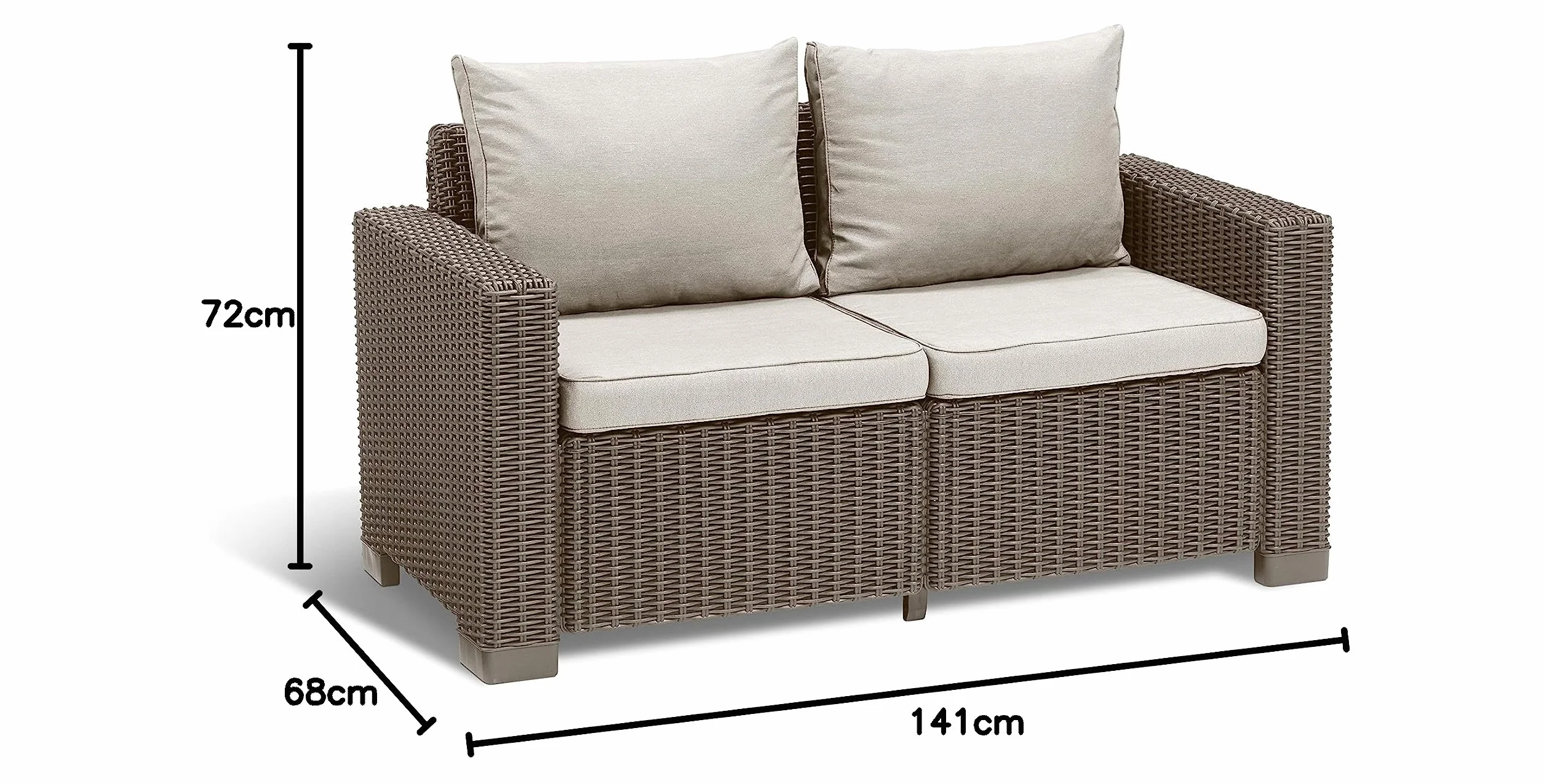 Keter California Divano da Giardino 2 Posti, Divano in Rattan Cuscino Incluso Color Cappuccino