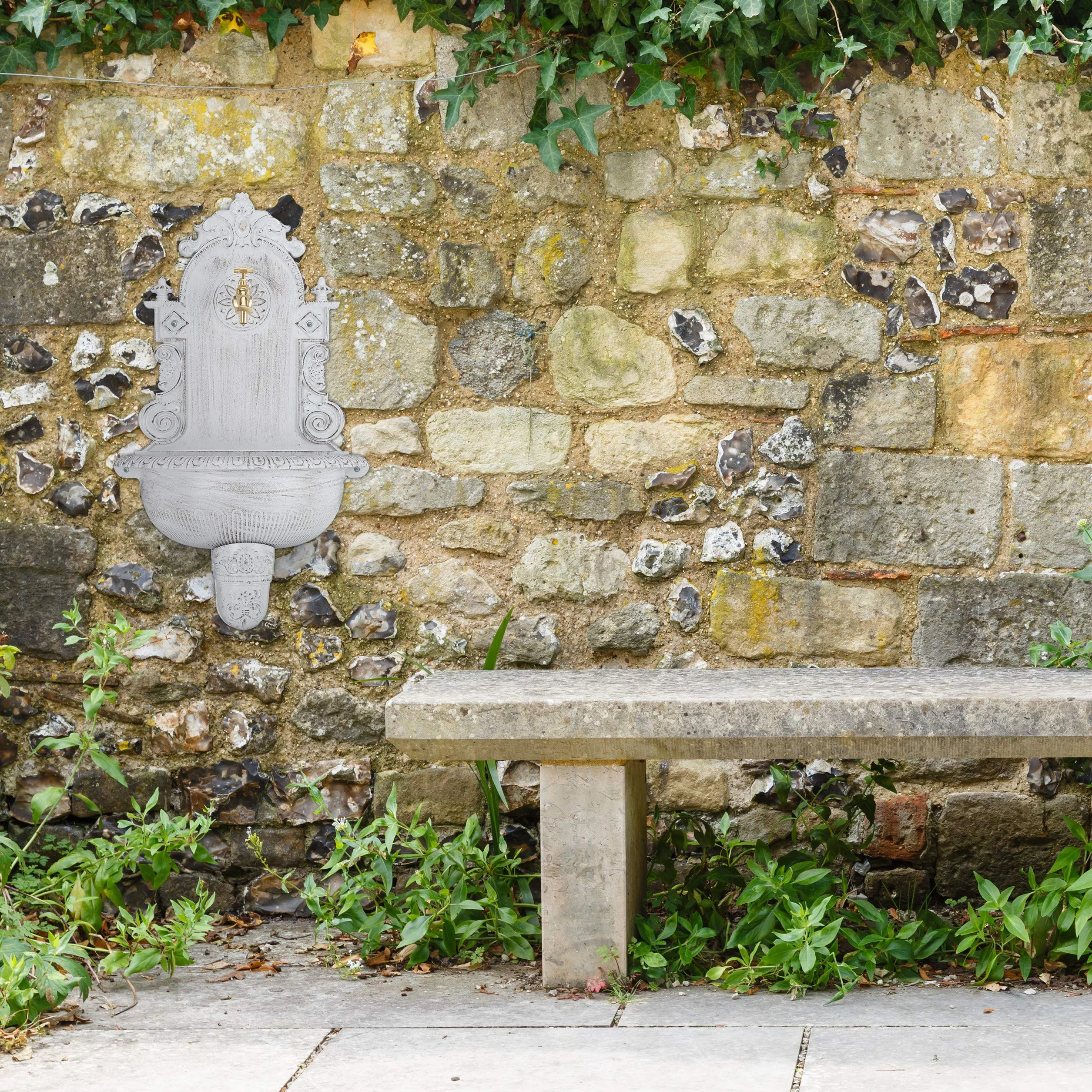 Relaxdays Fontana XL Antica a Parete, con Rubinetto, Lavabo per Giardino, in Lega di Alluminio, HLP 75x44x22 cm, Bianca
