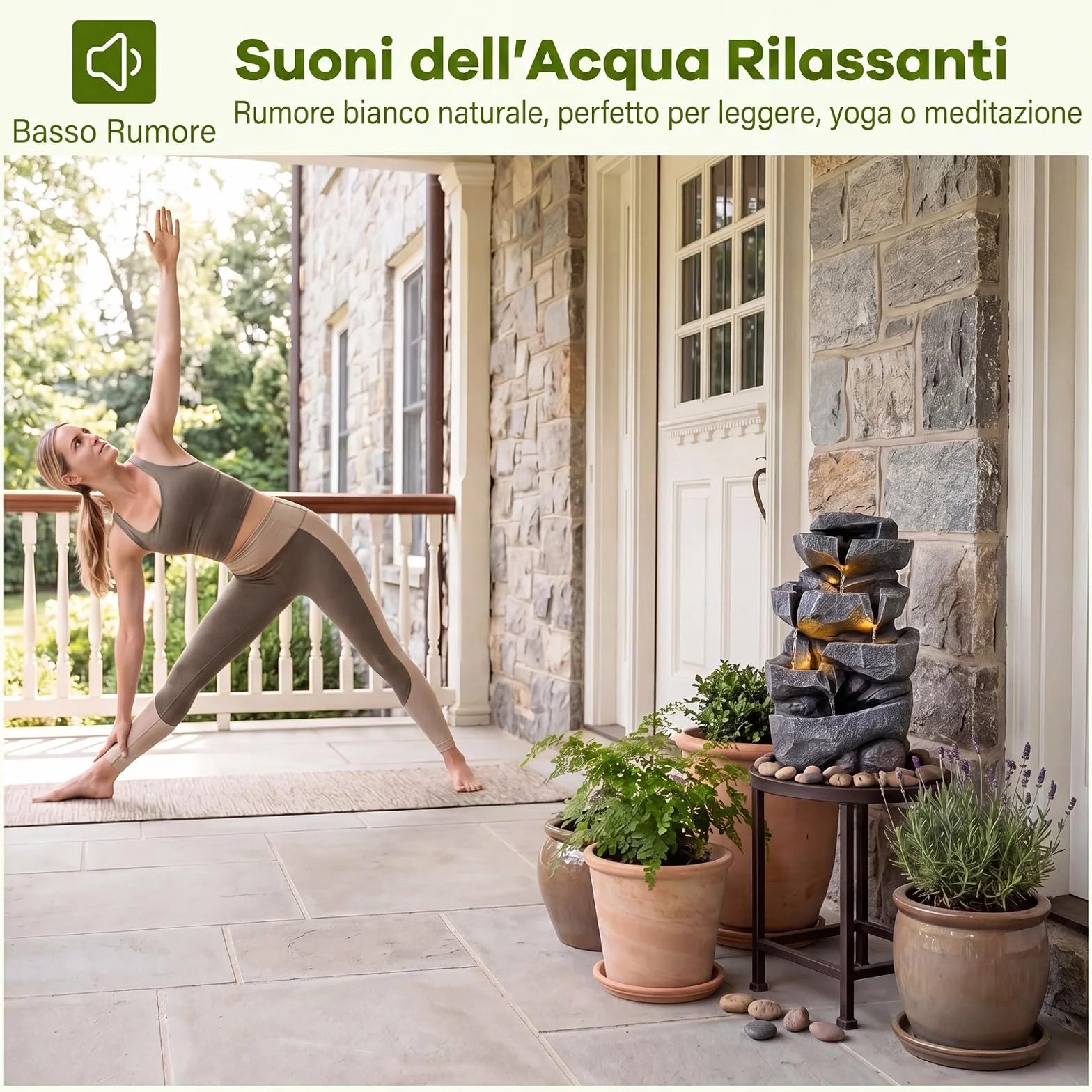 COSTWAY Fontana da Giardino a 5 Livelli, Fontana Cascata da Esterno con Luci e Flusso d'Acqua Regolabile, Fontanella Elettrica a Forma di Roccia con Effetto di Pietra da Terrazza e Balcone