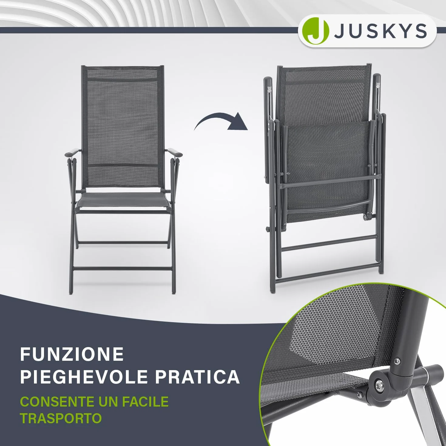 Juskys Sedie da giardino Calena set 4 pezzi antracite – Schienale regolabile in 7 posizioni – pieghevoli con struttura in acciaio e tessuto traspirante