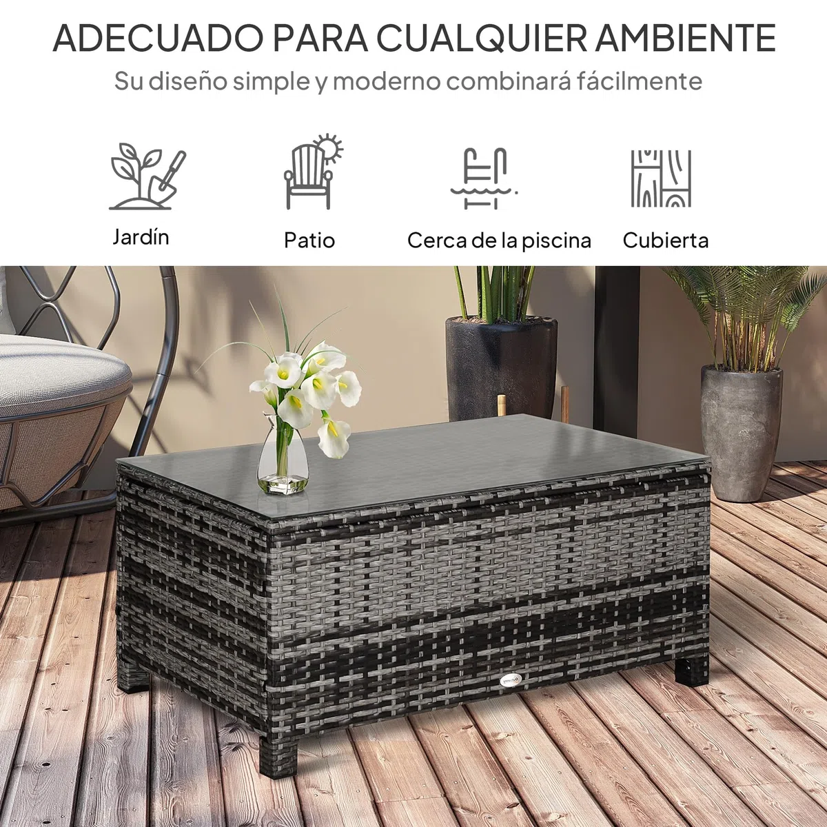 Outsunny Tavolino da giardino rattan sintetico vetro temperato 85x50x39 cm Grigio