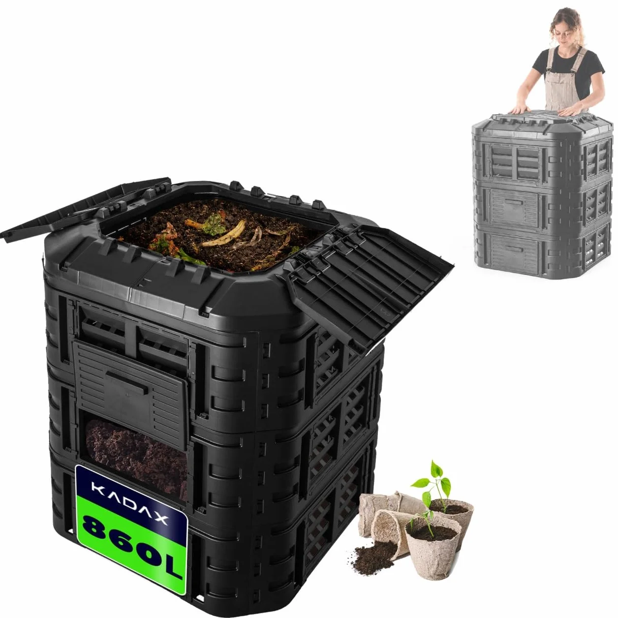 KADAX Composter Termico 860L z Coperchio Pieghevole, Sistema di Compostaggio Rapido in Plastica