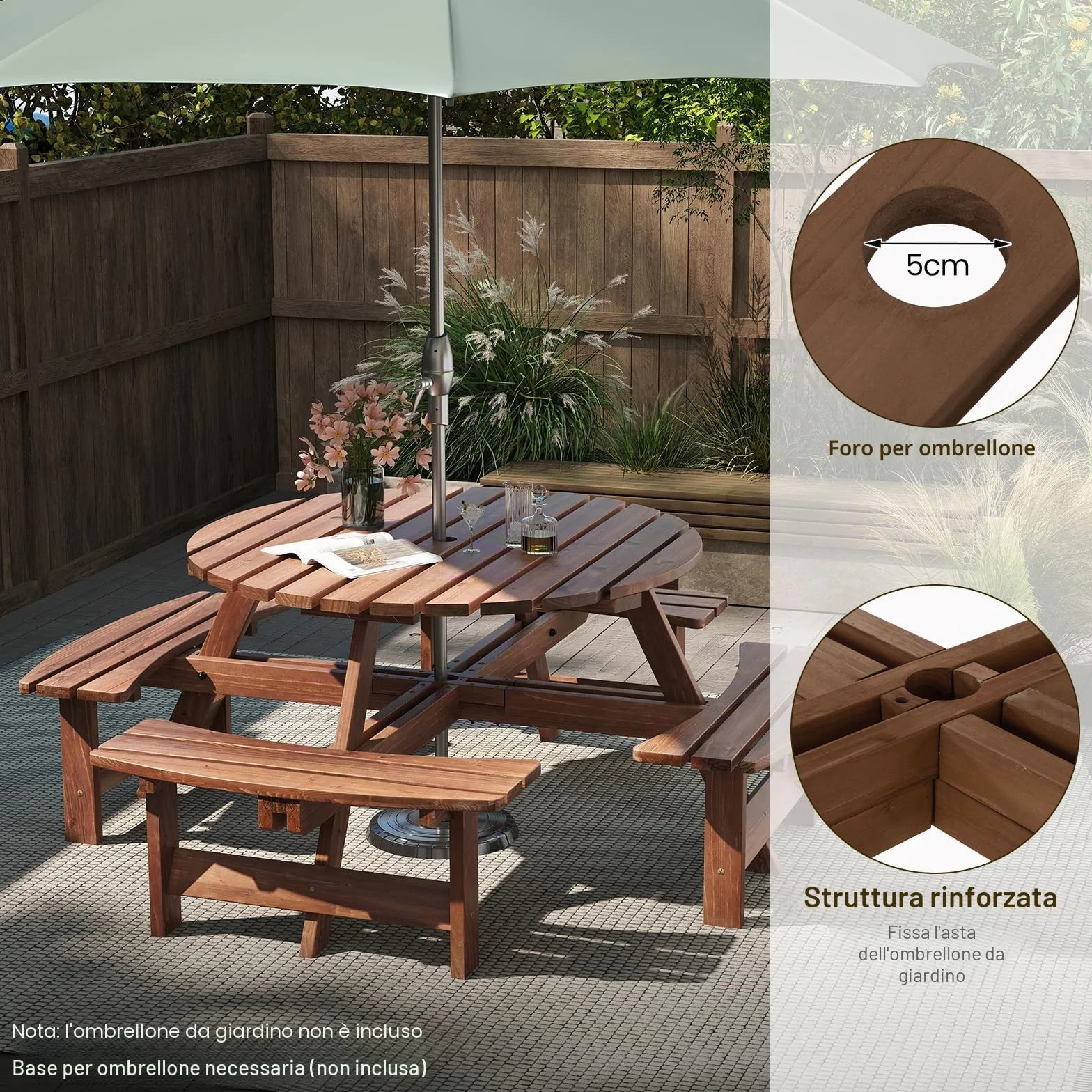 GIANTEX Set da Giardino in Legno di Abete 8 Persone Tavolo con Sedie Integrato Foro Ombrellone 178x70 cm