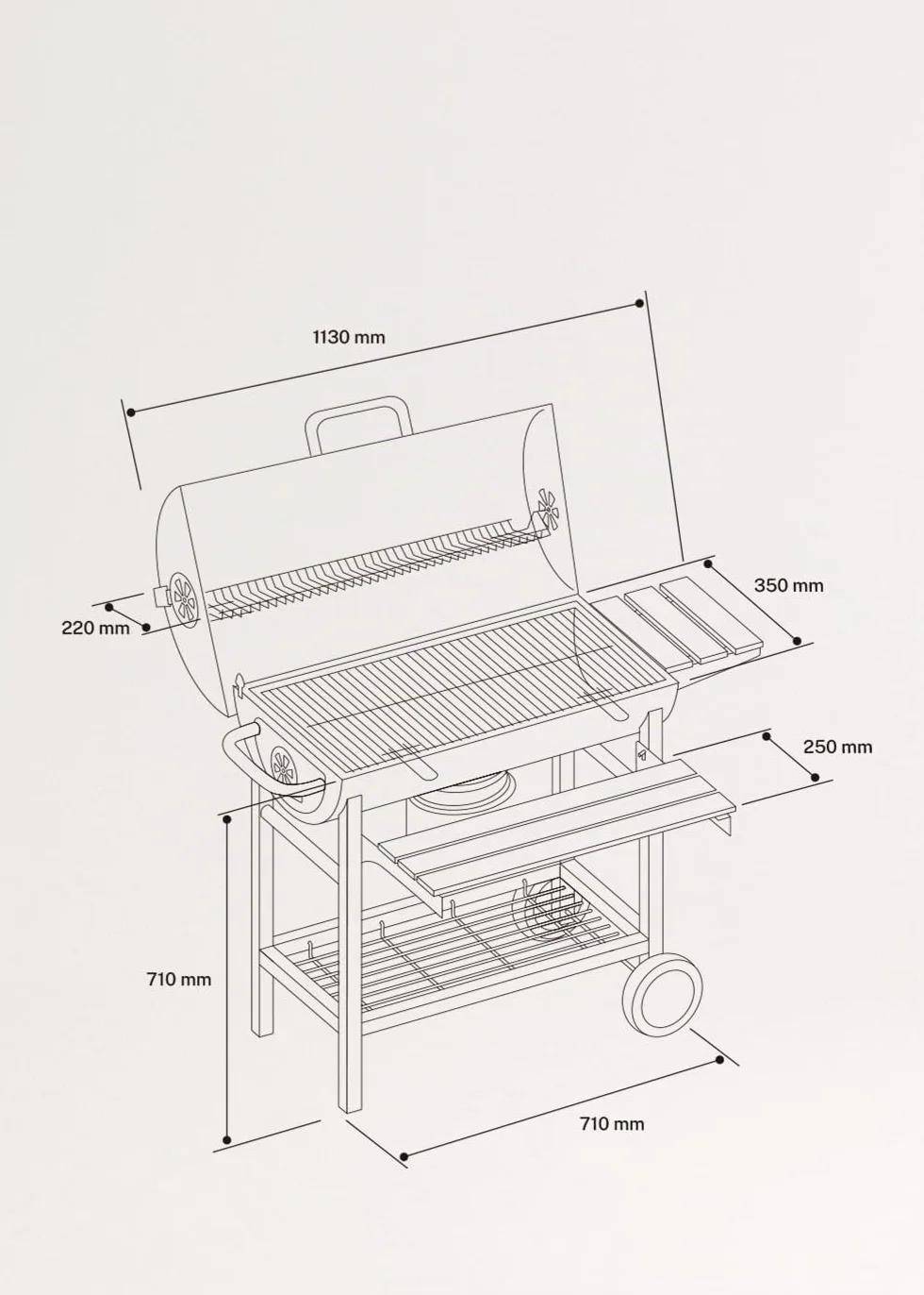 Barbecue affumicatore a carbone con ruote in acciaio inox nero griglia superiore controllo temperatura