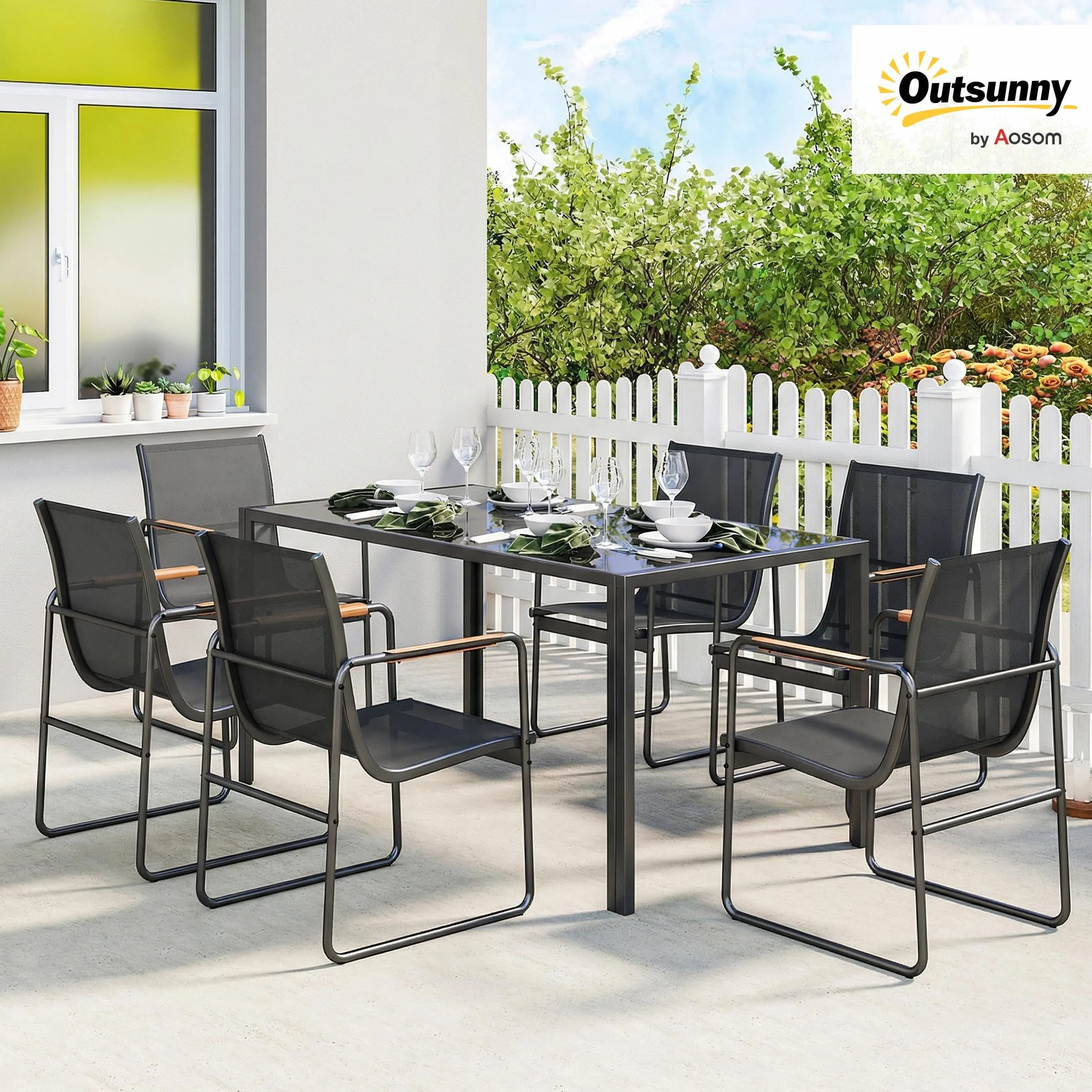 Outsunny Set Tavolo e Sedie da Giardino 7 Pezzi, Pranzo Esterno con Tavolo in Vetro Temperato, Sedie Texteline Traspirante, Acciaio, Nero