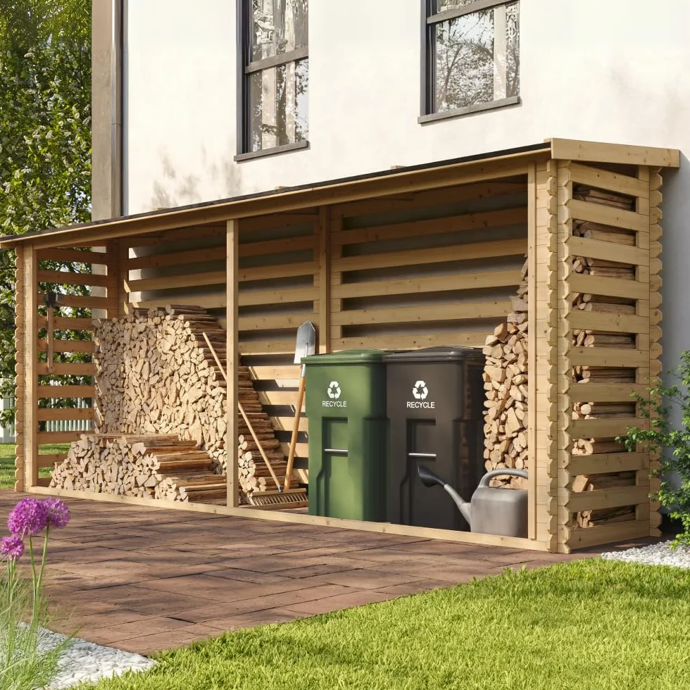TIMBELA Legnaia da Esterno in Legno - Portalegna da Esterno - Casetta da Giardino in Legno - Porta Legna per Esterno 112x450xA199 cm/10 m3 M203