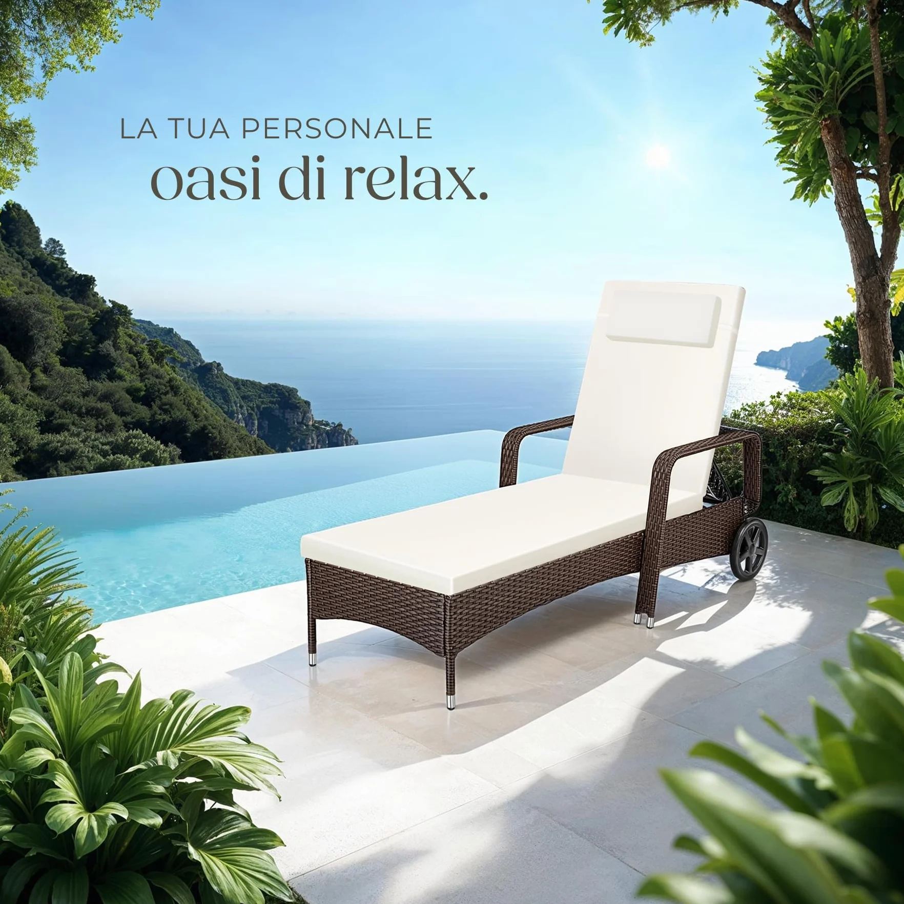 tectake® Lettino Poly Rattan Arredo Esterno Giardino, Sdraio Prendisole, Sdraio da Giardino, Terrazzo, Balcone, Sdraio piscina, Ruote Gommate, Arredo Interno Divano Sedia - Marrone Misto
