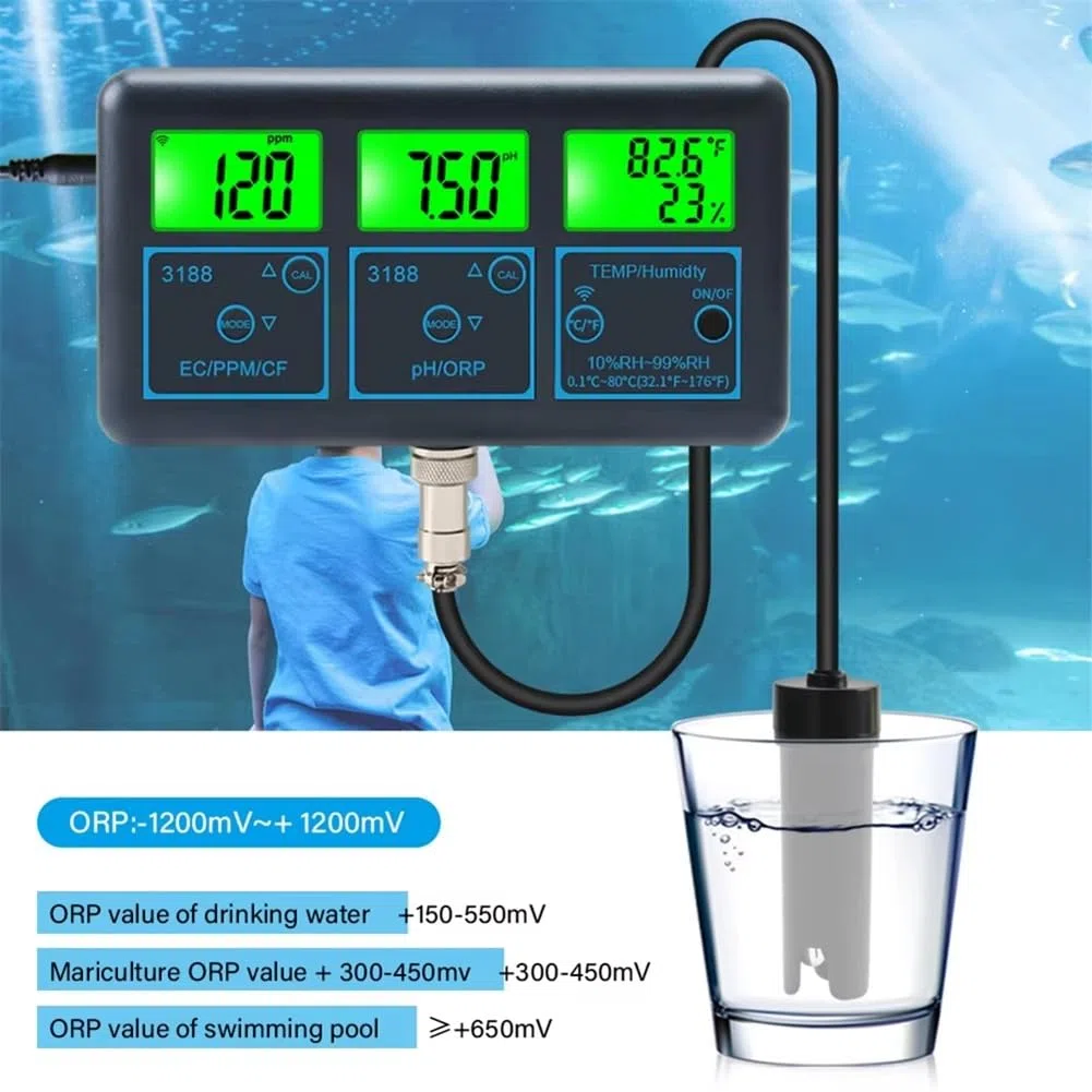 Breeshy Tuya WiFi 7 In1 Tester di Qualità 'Acqua Analizzatore di Acqua Multi-Parametro PH/ORP/EC/PPM//Umidità/Temperatura Monitor Metro Spina EU