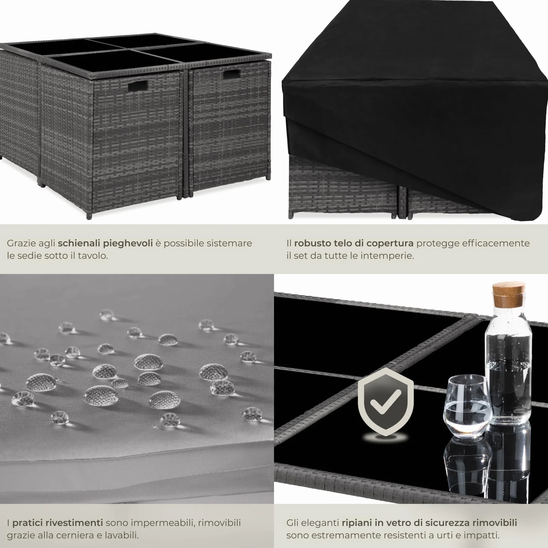 Set Mobili Rattan Bilbao 4 Sedie 4 Sgabelli Tavolo Acciaio Poly Rattan Giardino Terrazzo Grigio