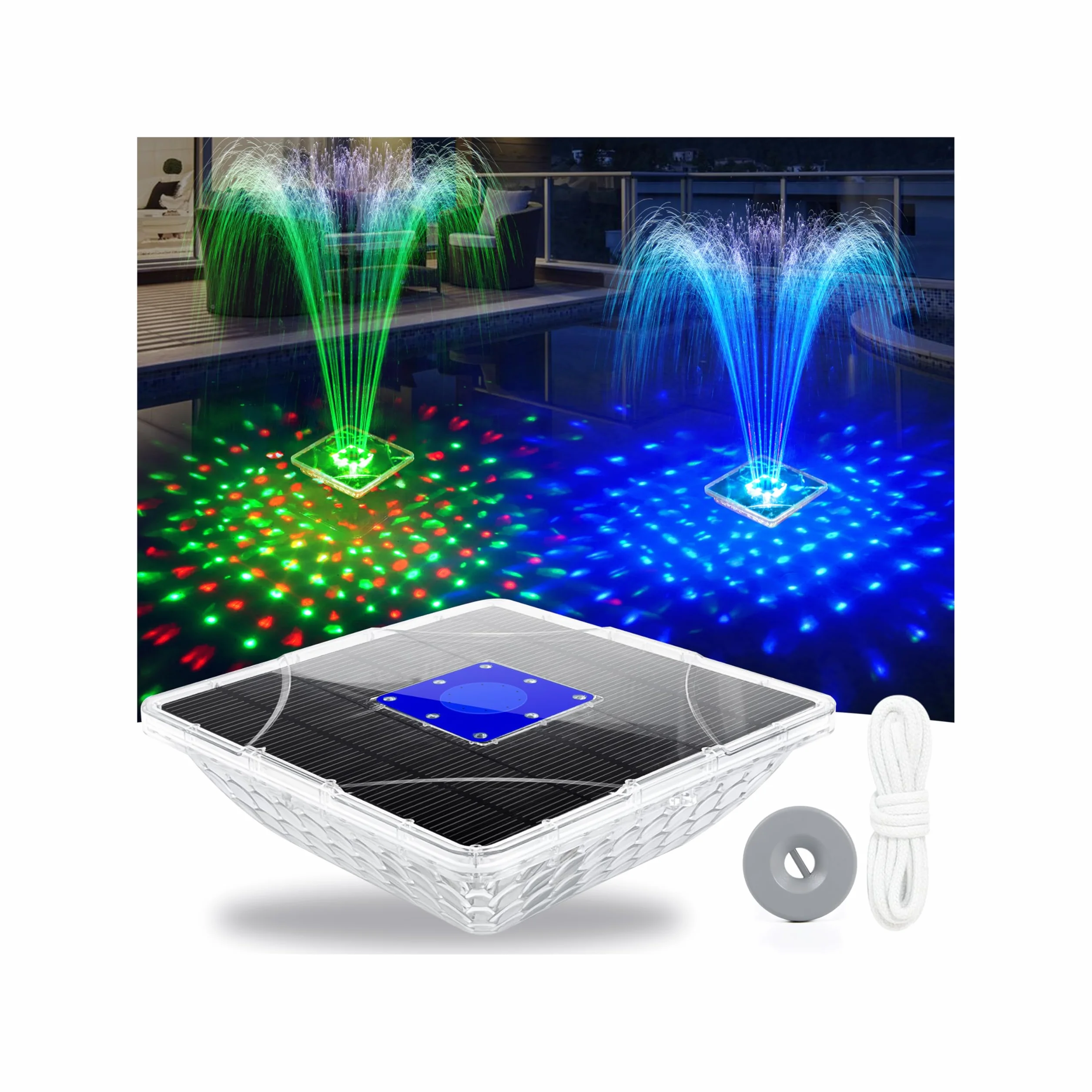 LanBlu Fontana Solare da Giardino con Spettacolo di Luci, 24 * 24CM Fontana Galleggiante per Piscina, Fontana Solare per Laghetto con Ancora, 2 Modalità di Irrigazione Fontana Galleggiante per Stagno