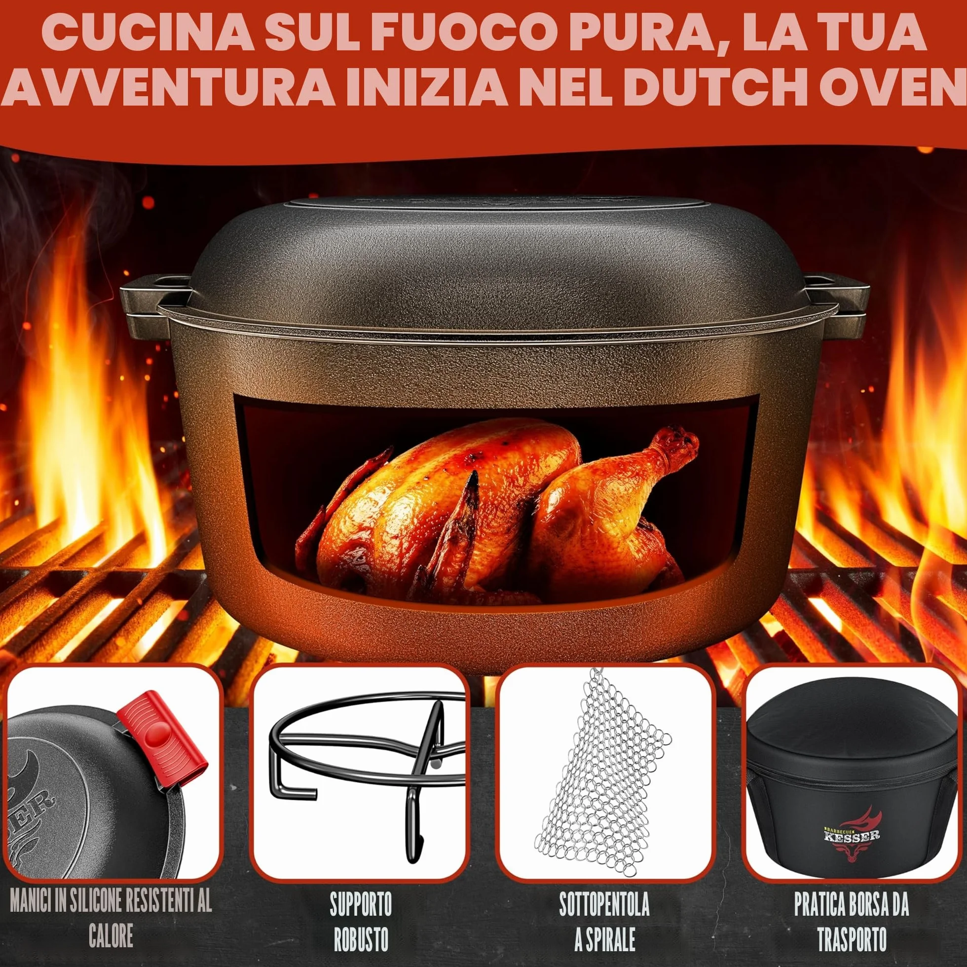 KESSER® Forno Olandese pentola in ghisa 2in1 da 4,8 l e padella da 1,8 l pronta per l'uso incl. Ricettario Casseruola Coperchio/padella a doppia funzione