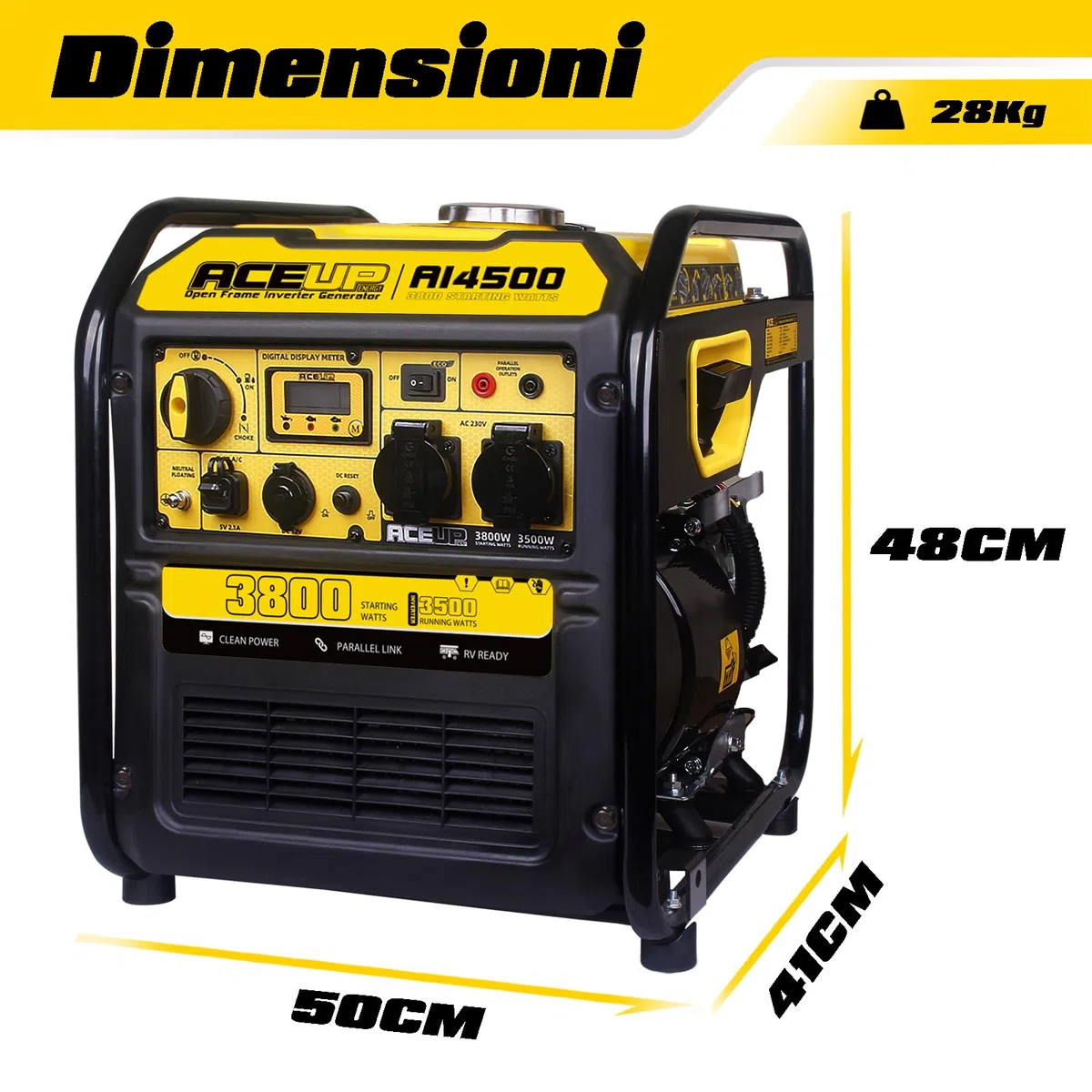 Aceup Energy 3800 Watt Generatore di Corrente Generatore Inverter a Benzina con 2 prese 230V 4 tempi