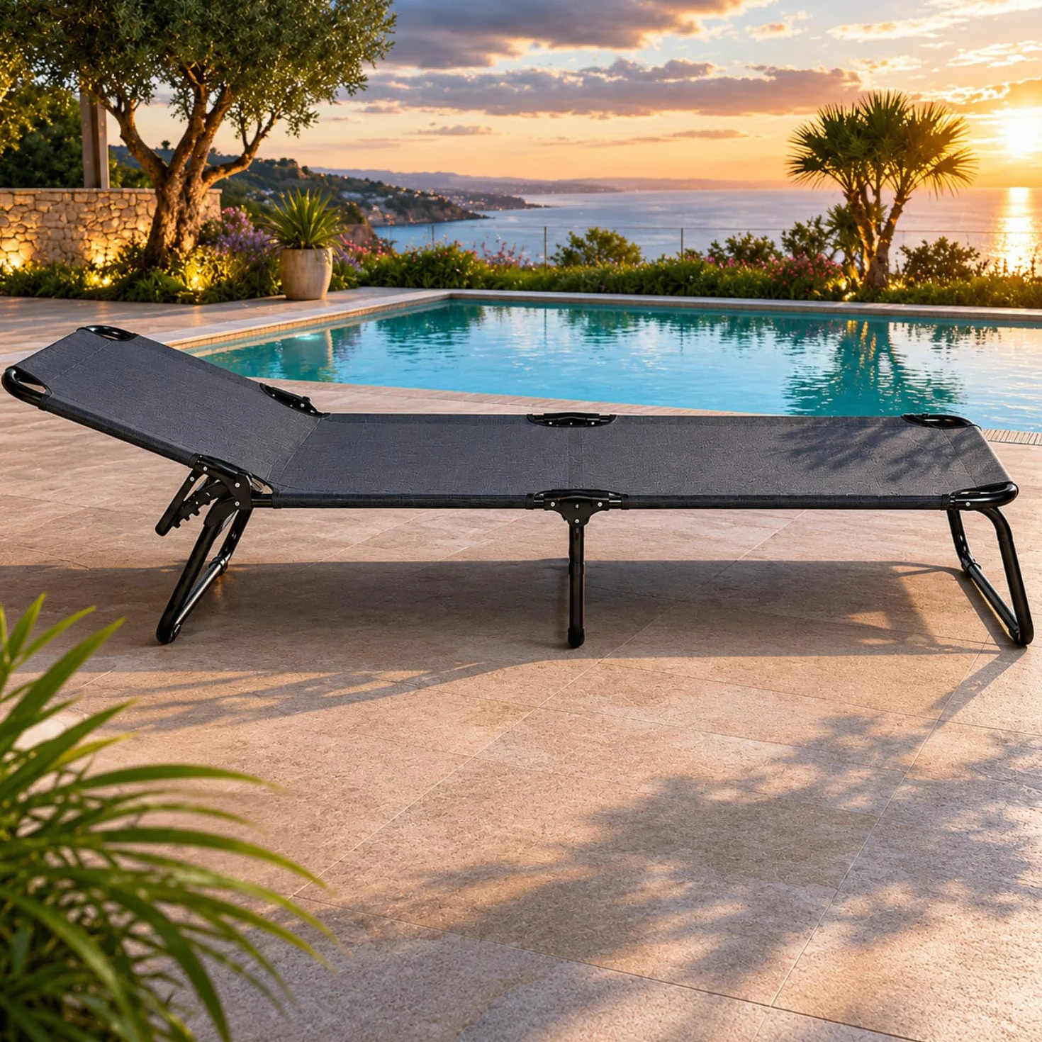Lettino Pieghevole Prendisole Schienale Reclinabile Struttura Metallo Nero 187x53x24 cm Grigio Scuro