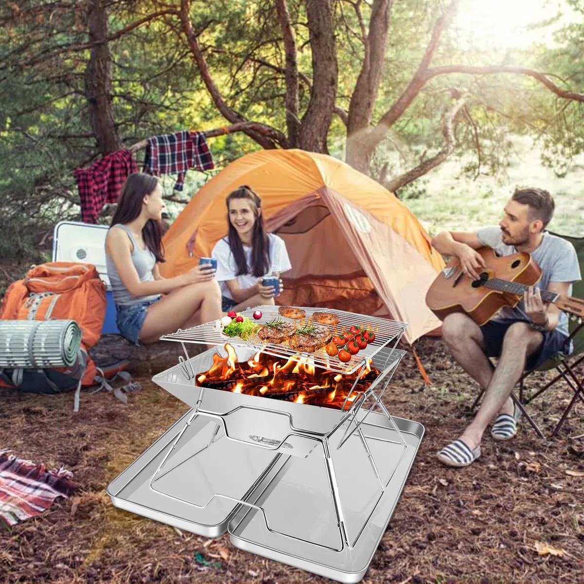 Braciere pieghevole portatile con braciere, set da campeggio pieghevole con scatola di ferro e borsa per il trasporto, griglia pieghevole in acciaio inox per barbecue, picnic, patio