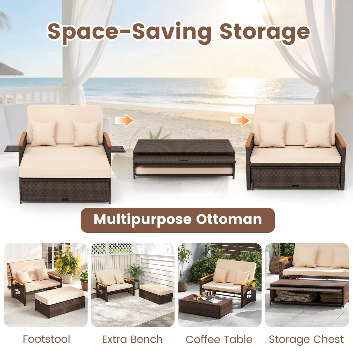 GIANTEX Divano da Giardino in Rattan a 2 Posti con Funzione Allungata, Set di Mobili in Rattan con Sgabello, Doppia Sedia a Sdraio per 2 Persone, 3 Colori (Cuscino Beige)
